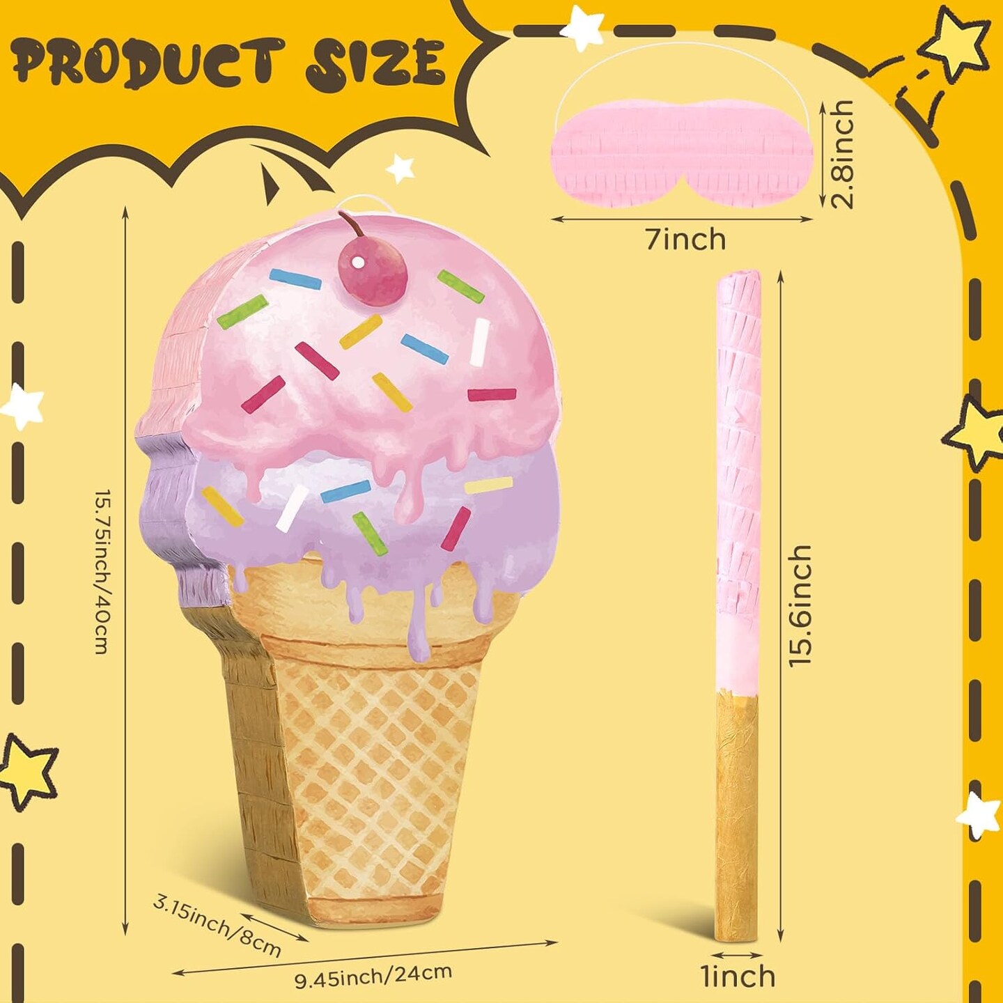 Pink Ice Cream Pi&#xF1;ata Cute Dessert Cone Shaped Pi&#xF1;ata with Stick Blindfold for Ice Cream Candy Birthday Party Summer Baby Shower Wedding Party Supplies Decor,
