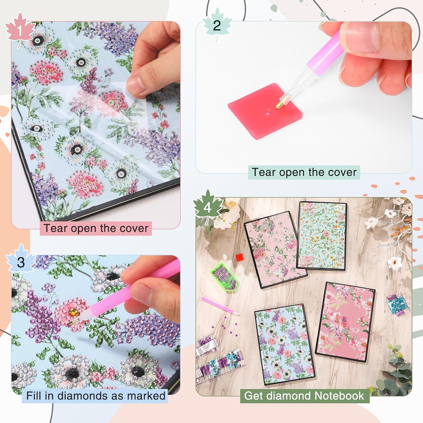 4 Pcs Diamond Painting Notebook for Adults, Diamond Art Journal DIY Art Kits Sets A5 Leather Painting Sketchbook Back to School Supplies Gifts for Adults Beginners(Spring Floral)
