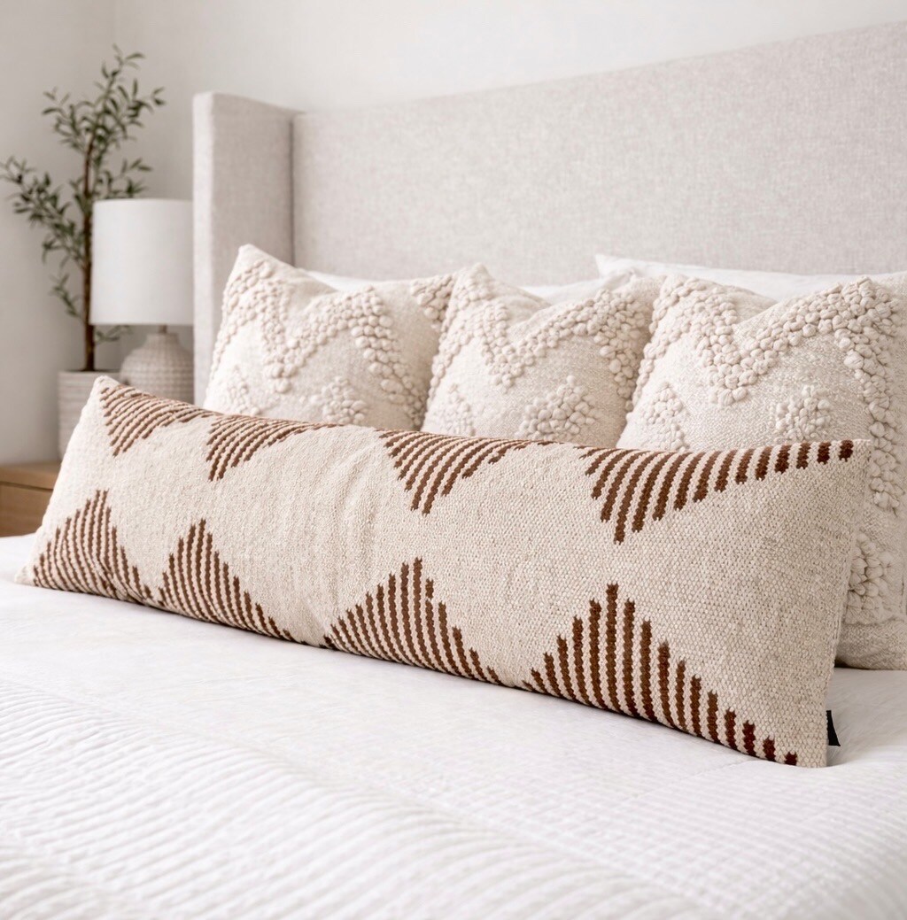 Oversized Lumbar Pillow 12x40 Modern Boho Striped Pillow Cover, Neutral Beige and Brown, Extra Long Bed Pillow, Boho Textured Lumbar Pillow