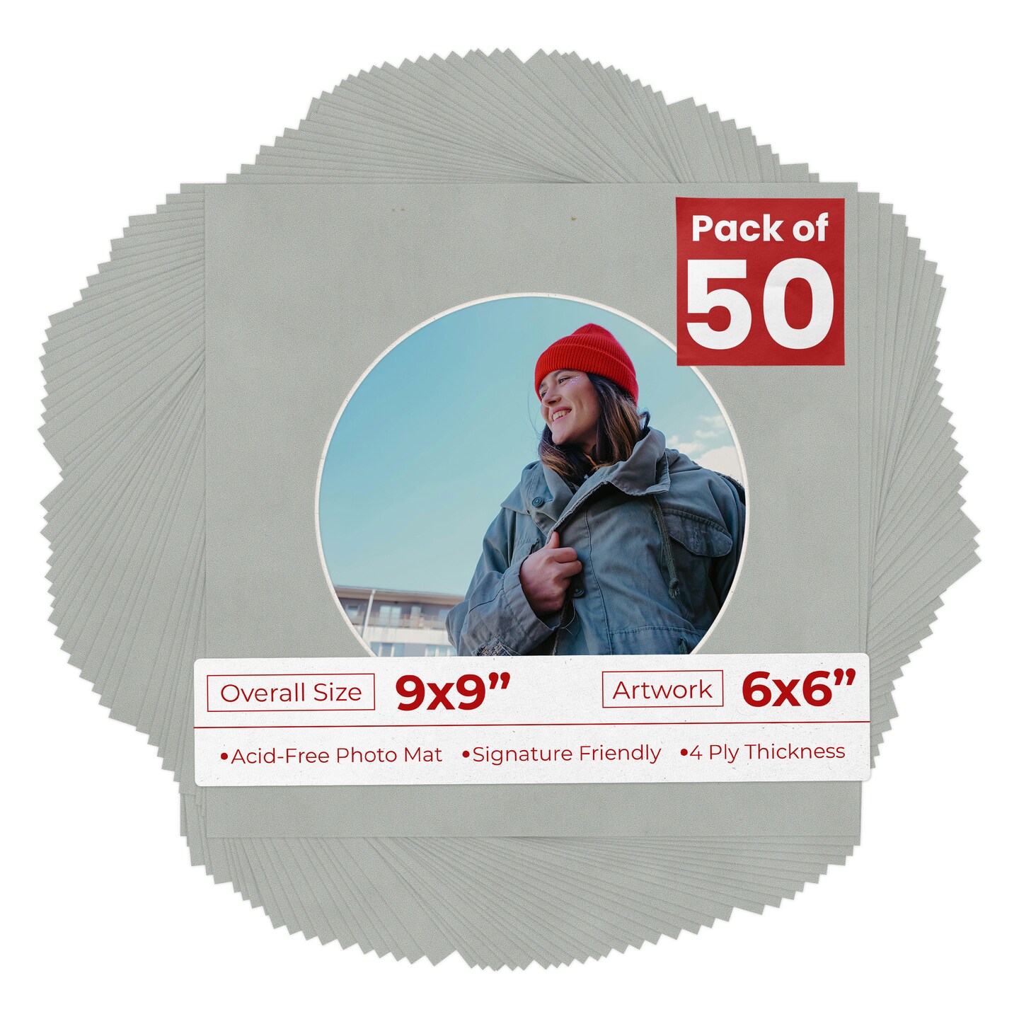 Light Grey Suede Mat Board for 9x9 Frames - Circle Opening for 6x6 Photos
