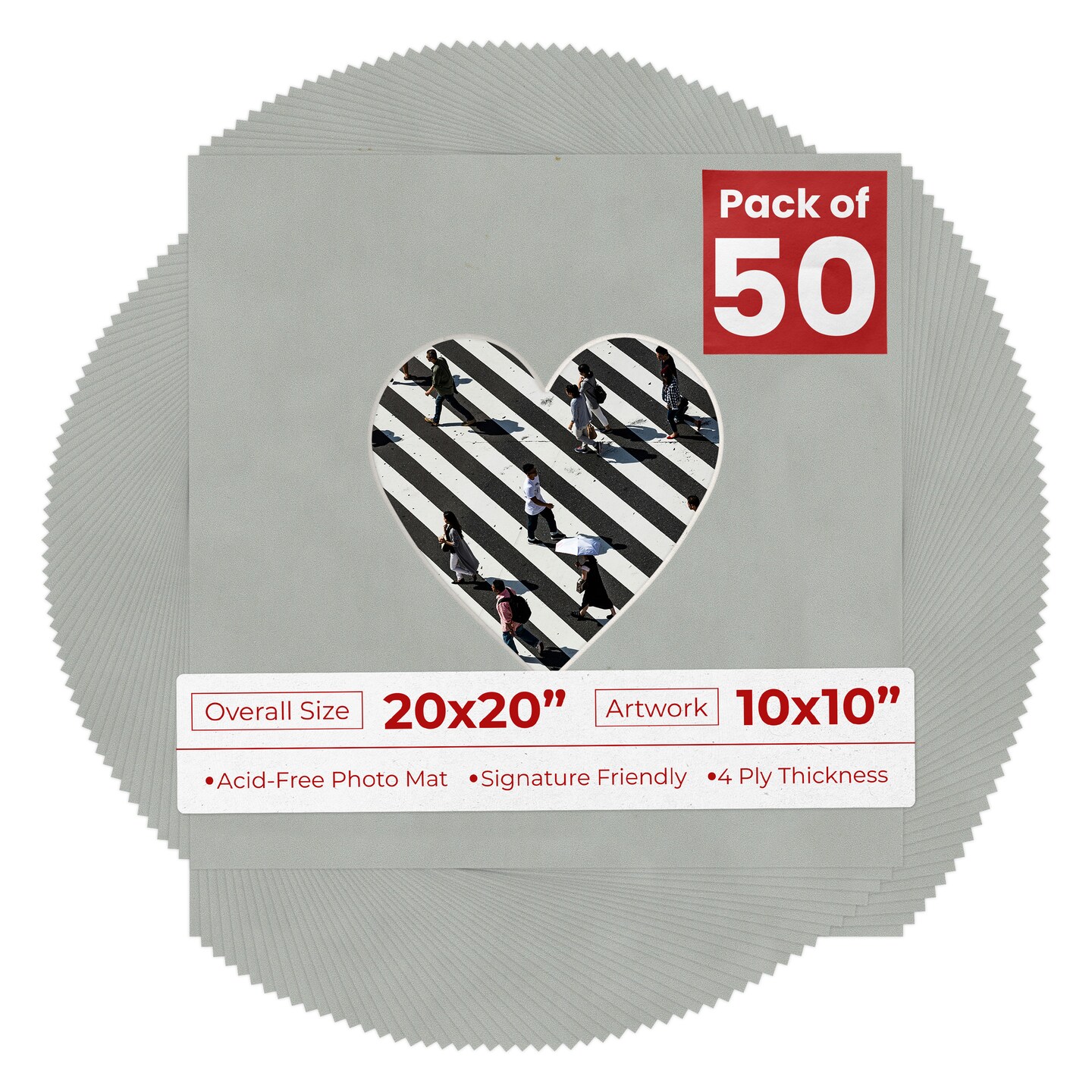 Light Grey Suede Mat Board for 20x20 Frames - Heart Opening for 10x10 Photos