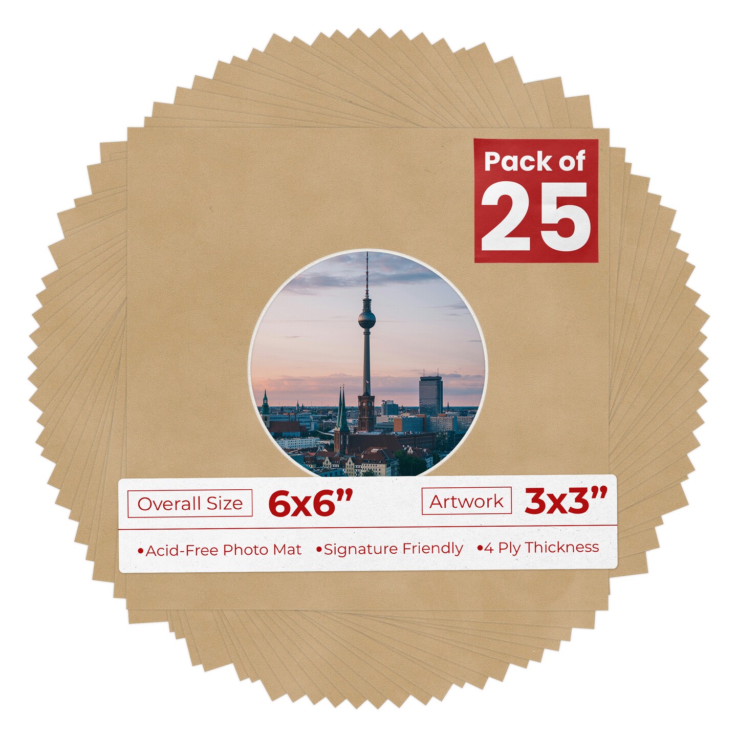 Beige Suede Mat Board for 6x6 Frames - Circle Opening for 3x3 Photos
