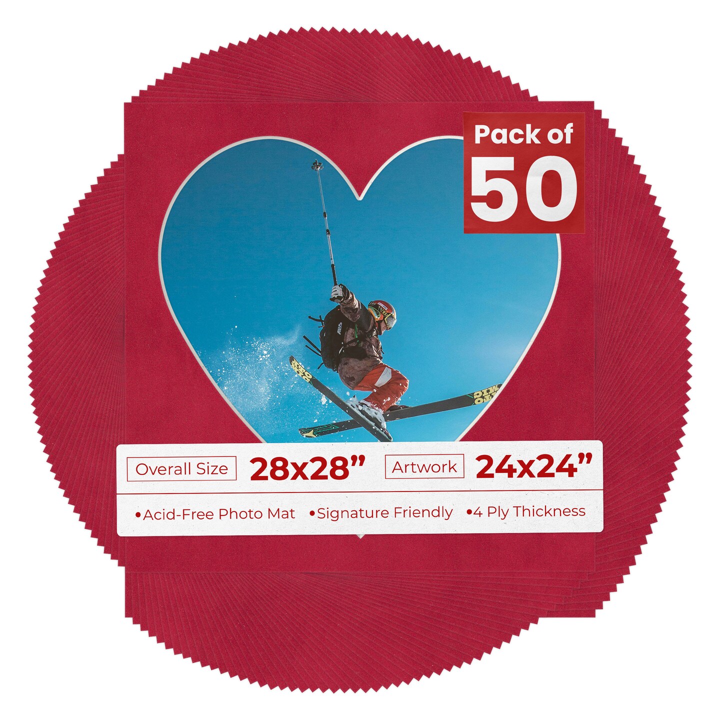 Red Suede Mat Board for 28x28 Frames - Heart Opening for 24x24 Photos