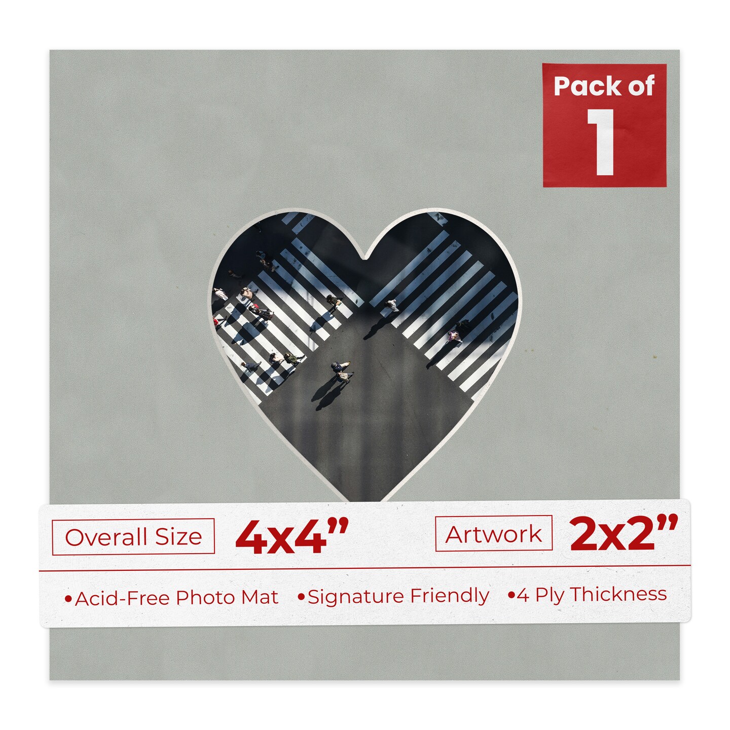 Light Grey Suede Mat Board for 4x4 Inch Frames - Heart Opening for 2x2 Photos