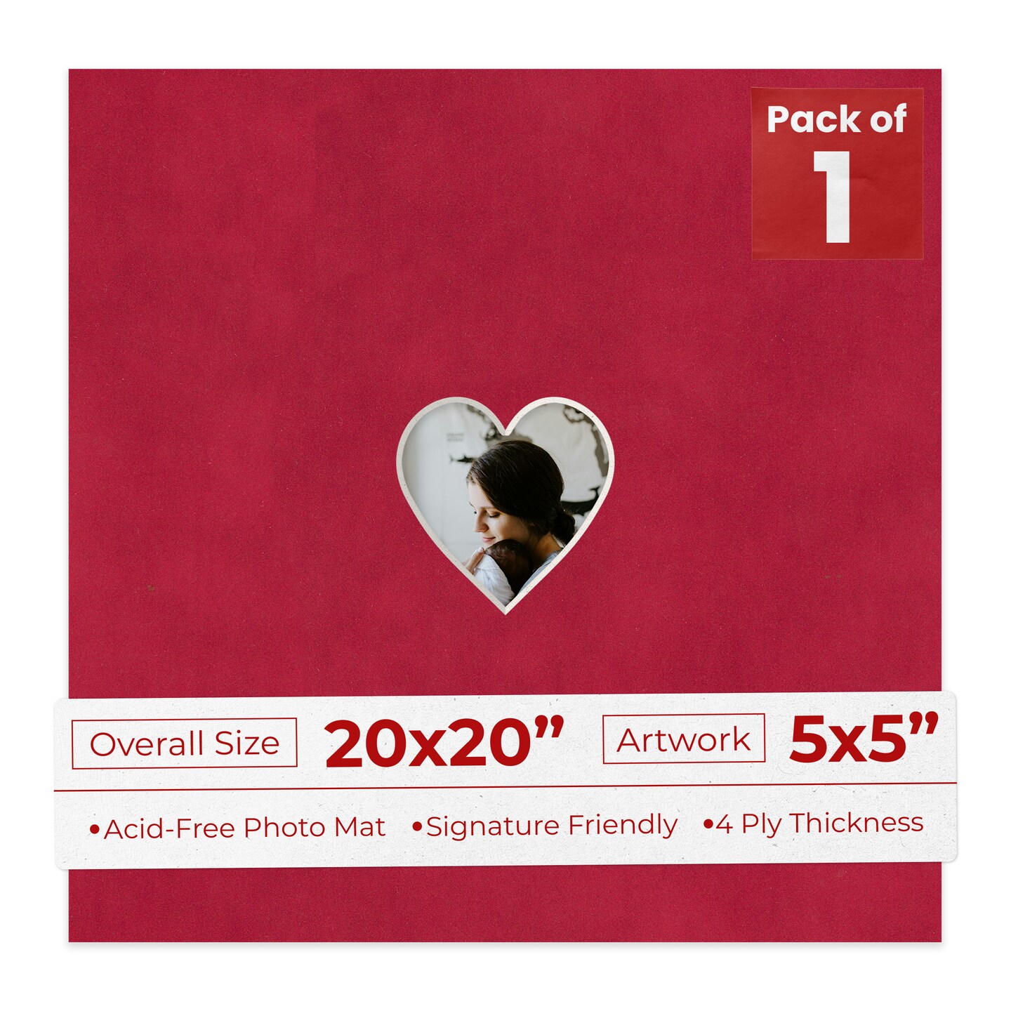 Red Suede Mat Board for 20x20 Frames - Heart Opening for 5x5 Photos