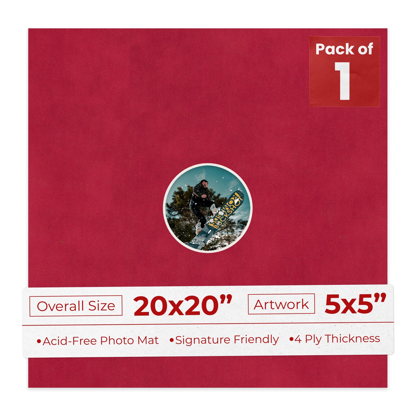 Red Suede Mat Board for 20x20 Frames - Circle Opening for 5x5 Photos
