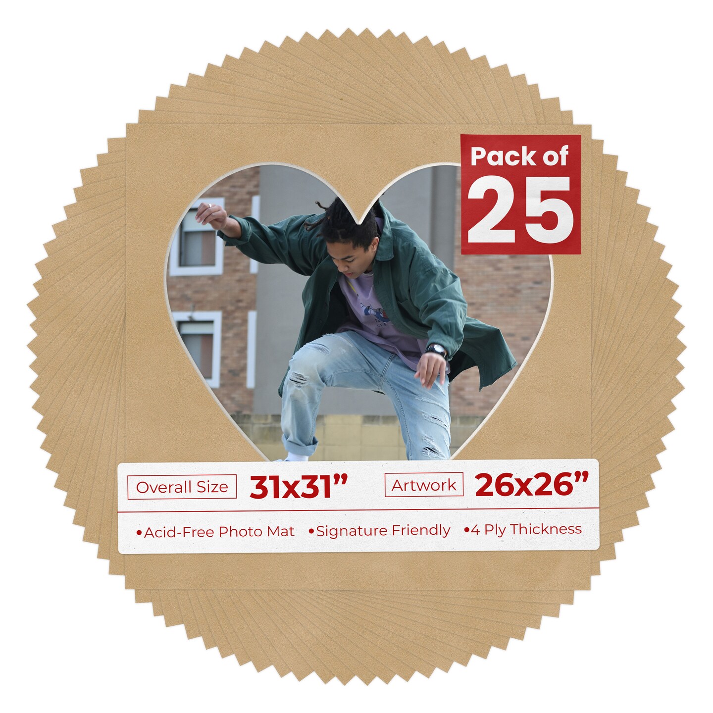 Beige Suede Mat Board for 31x31 Frames - Heart Opening for 26x26 Photos