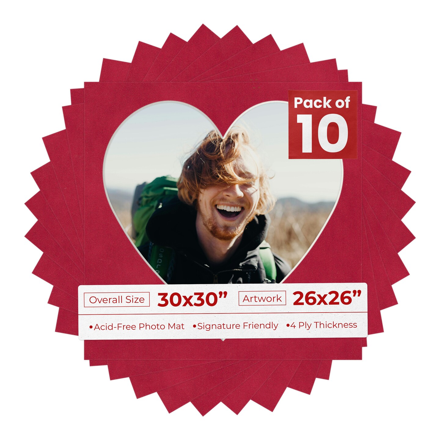 Red Suede Mat Board for 30x30 Frames - Heart Opening for 26x26 Photos