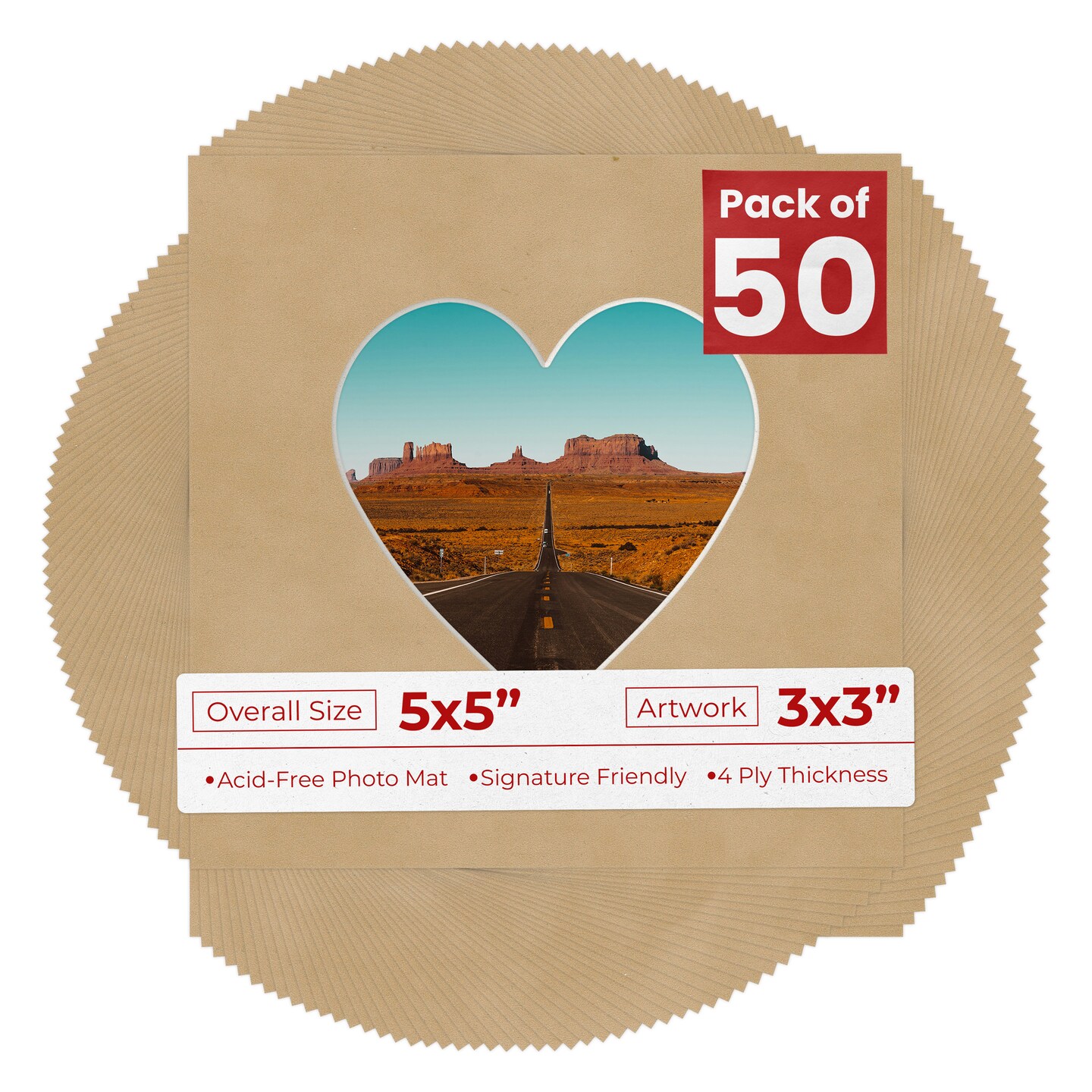 Beige Suede Mat Board for 5x5 Inch Frames - Heart Opening for 3x3 Photos