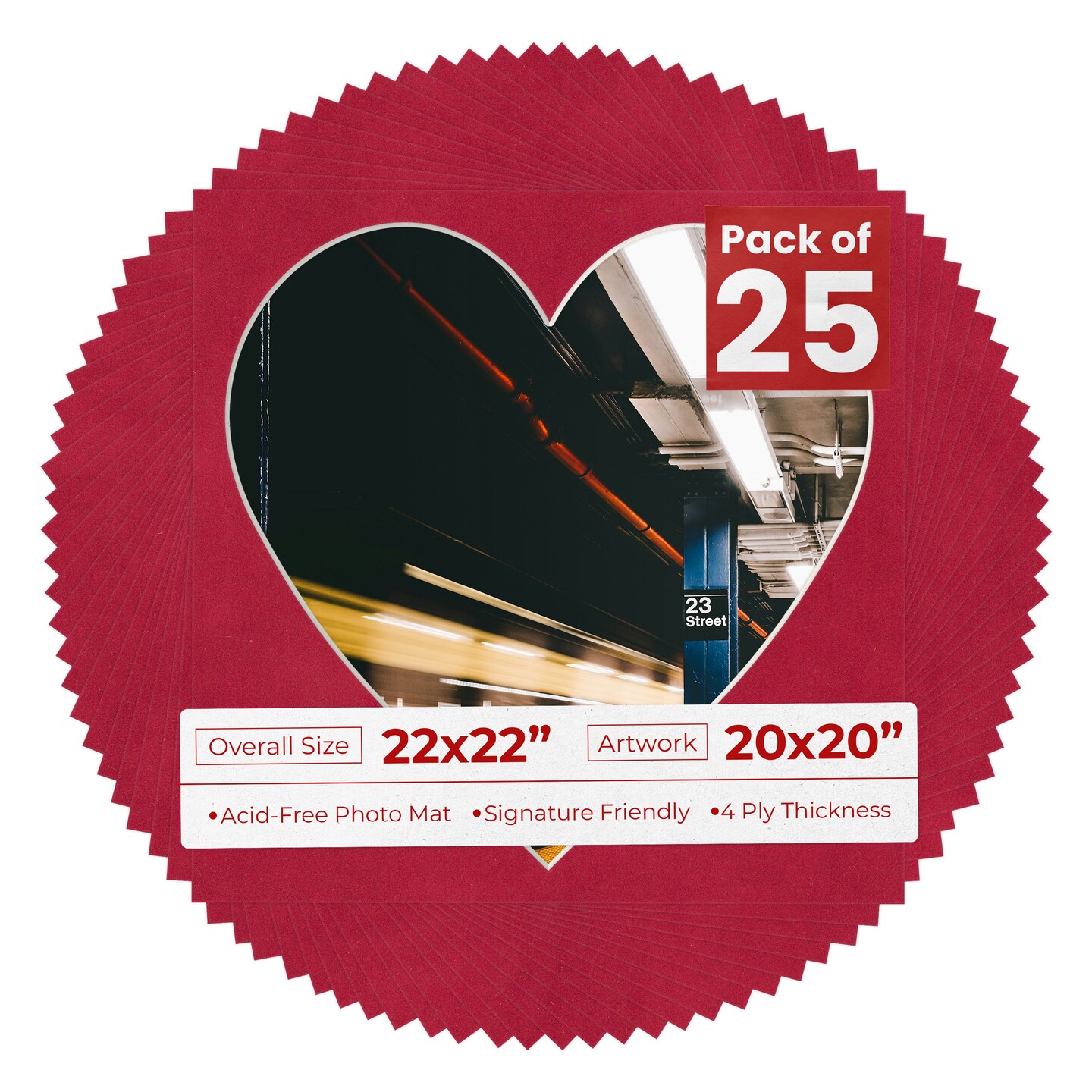 Red Suede Mat Board for 22x22 Frames - Heart Opening for 20x20 Photos