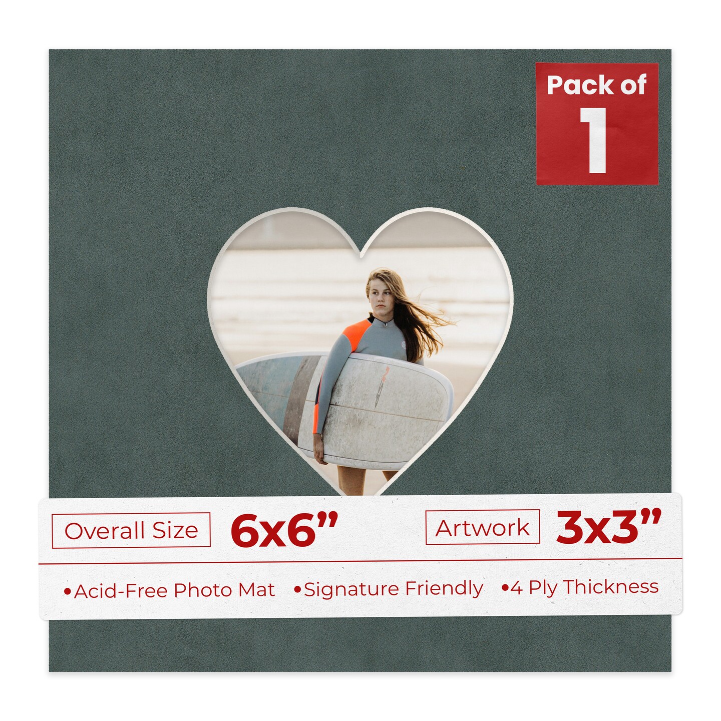 Dark Grey Suede Mat Board for 6x6 Frames - Heart Opening for 3x3 Photos