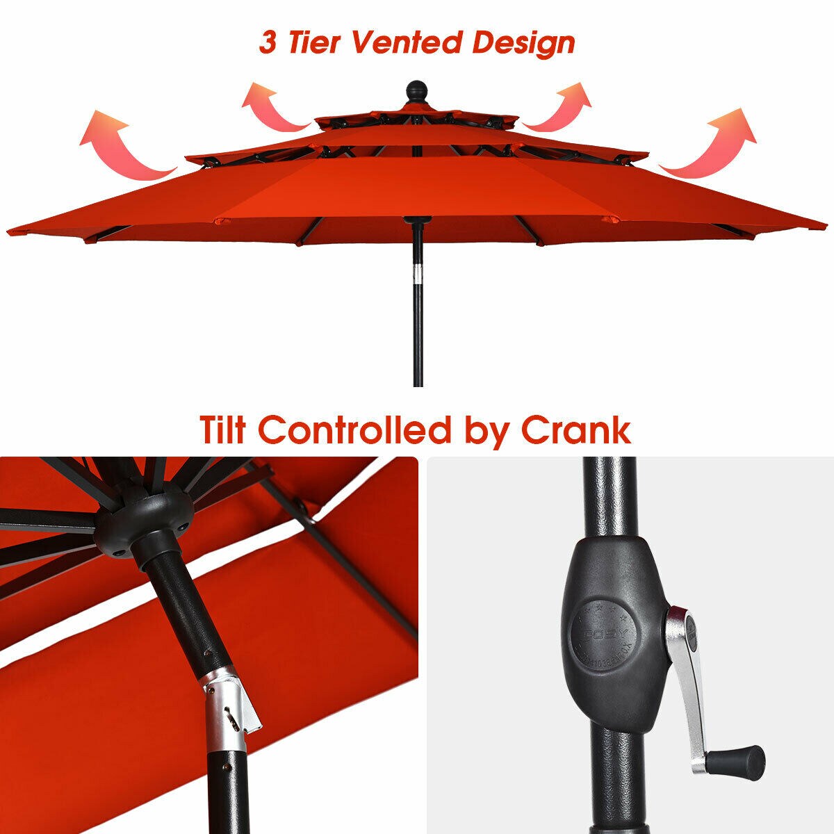 Outdoor 10 ft 3-Tier Double-Vented Patio Umbrella with Aluminum Pole (No Base)