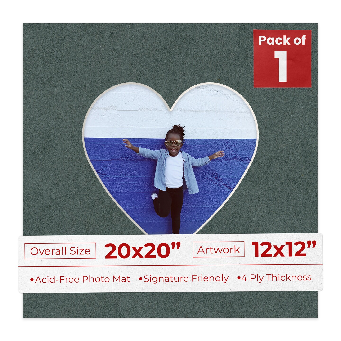 Dark Grey Suede Mat Board for 20x20 Frames - Heart Opening for 12x12 Photos