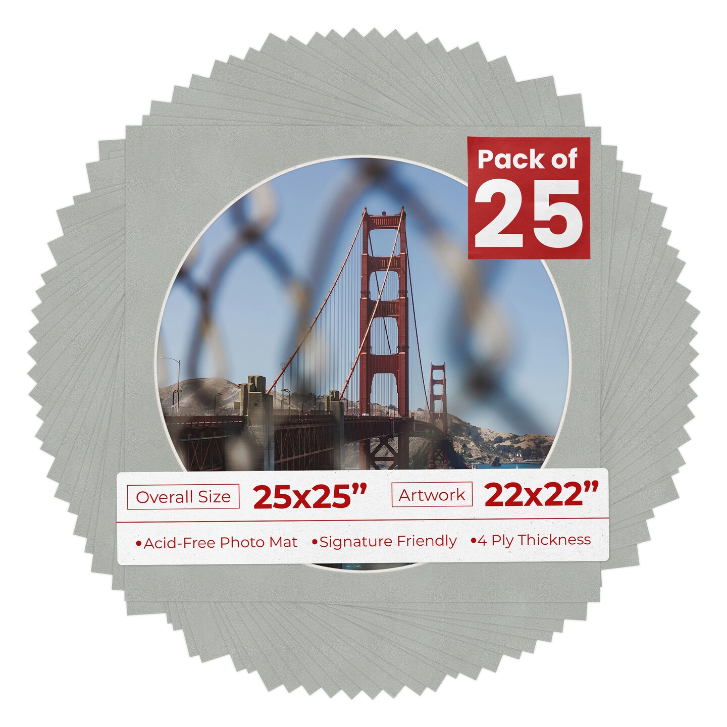 Light Grey Suede Mat Board for 25x25 Frames - Circle Opening for 22x22 Photos