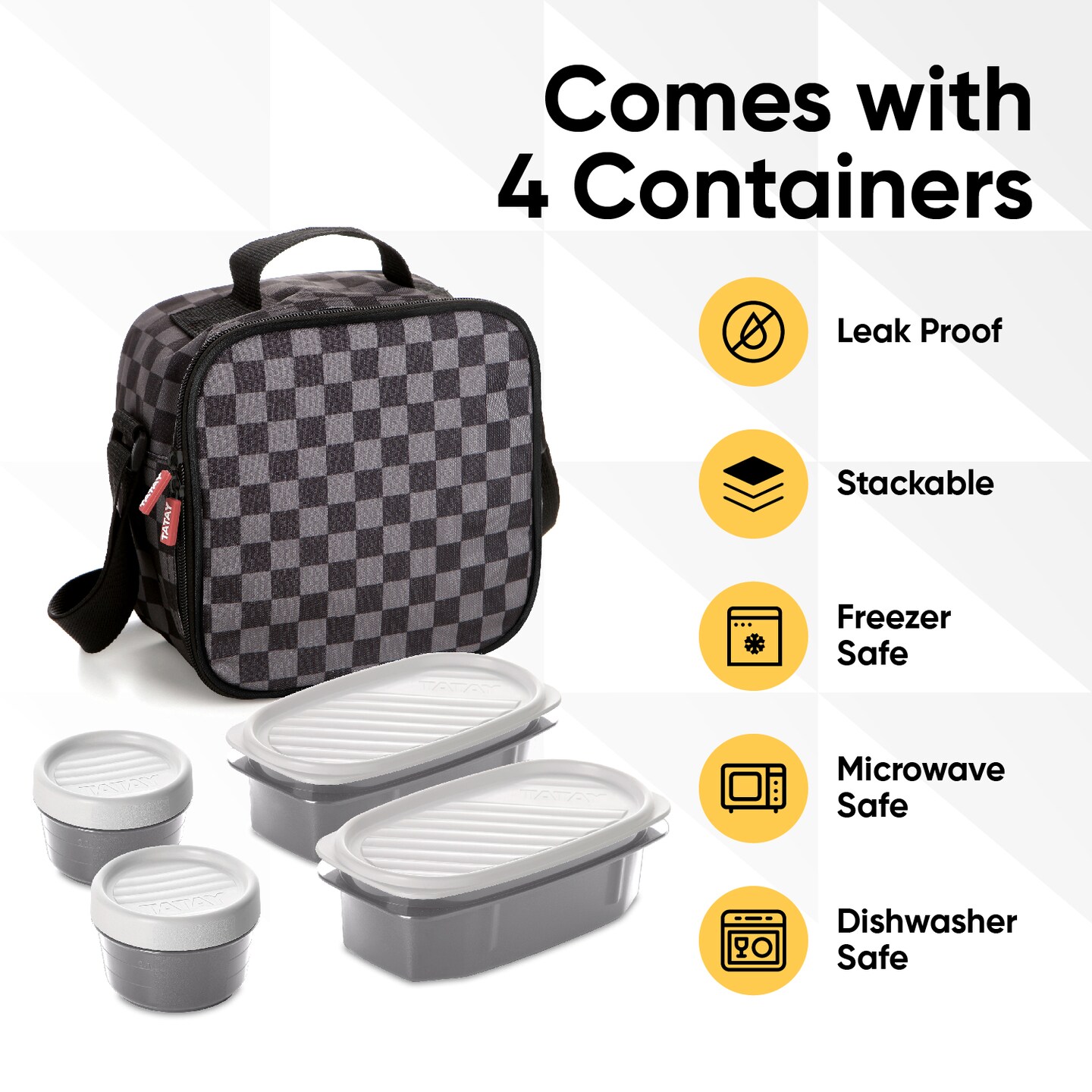 Superio Insulated Lunch Bag with Containers, Thermal Lined Lunch Box, Grey Checked