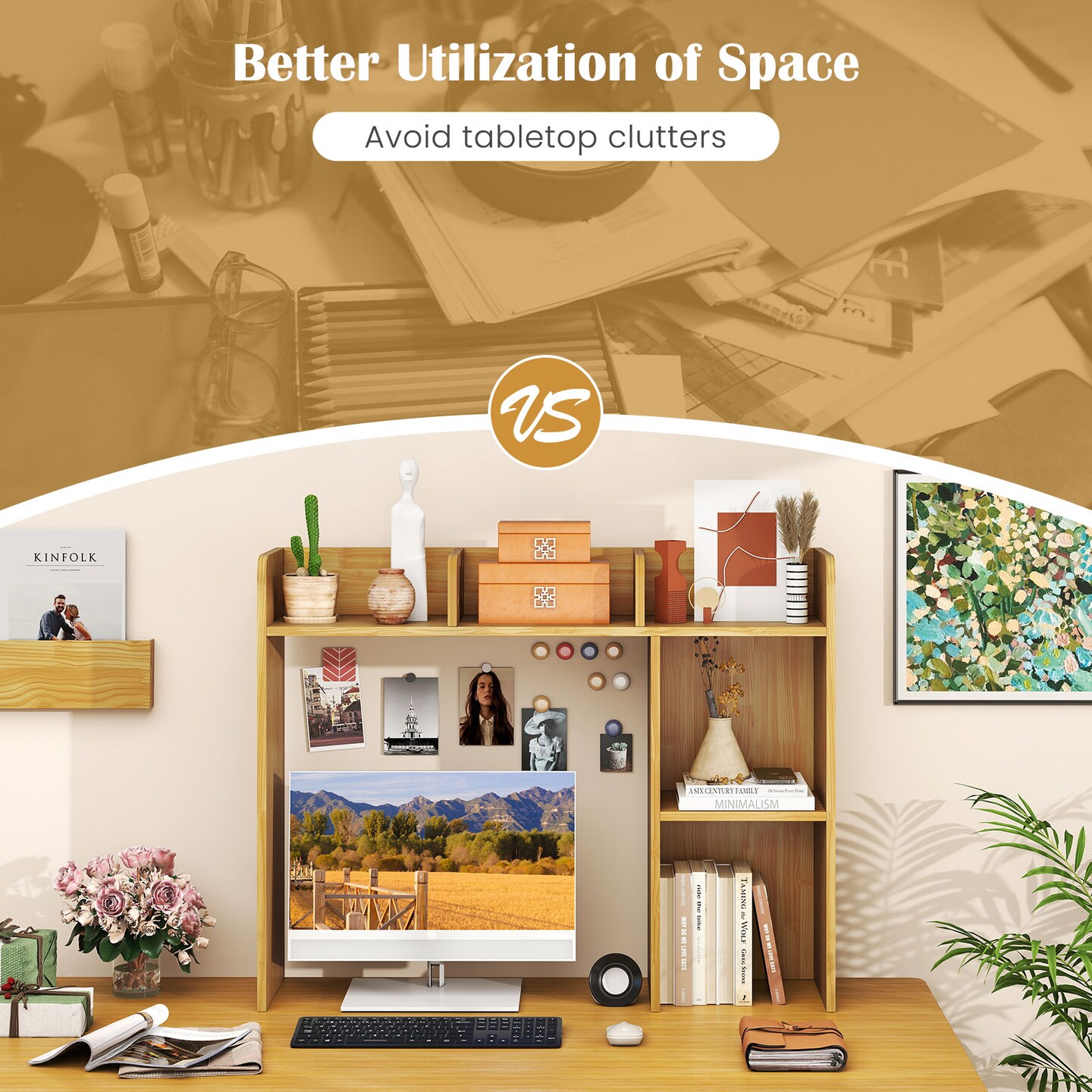 3-Tier Multipurpose Desk Bookshelf 4 Shelves Computer Monitor Storage