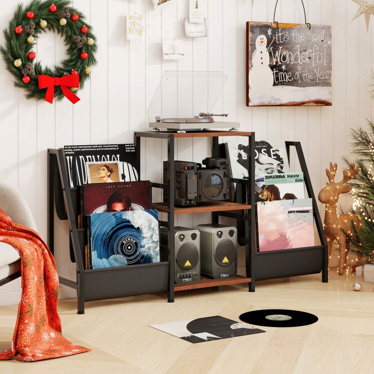 Wooden Record Player Stand with 3 Shelves, Turntable Display for up to 200 Albums, Compact Storage Solution