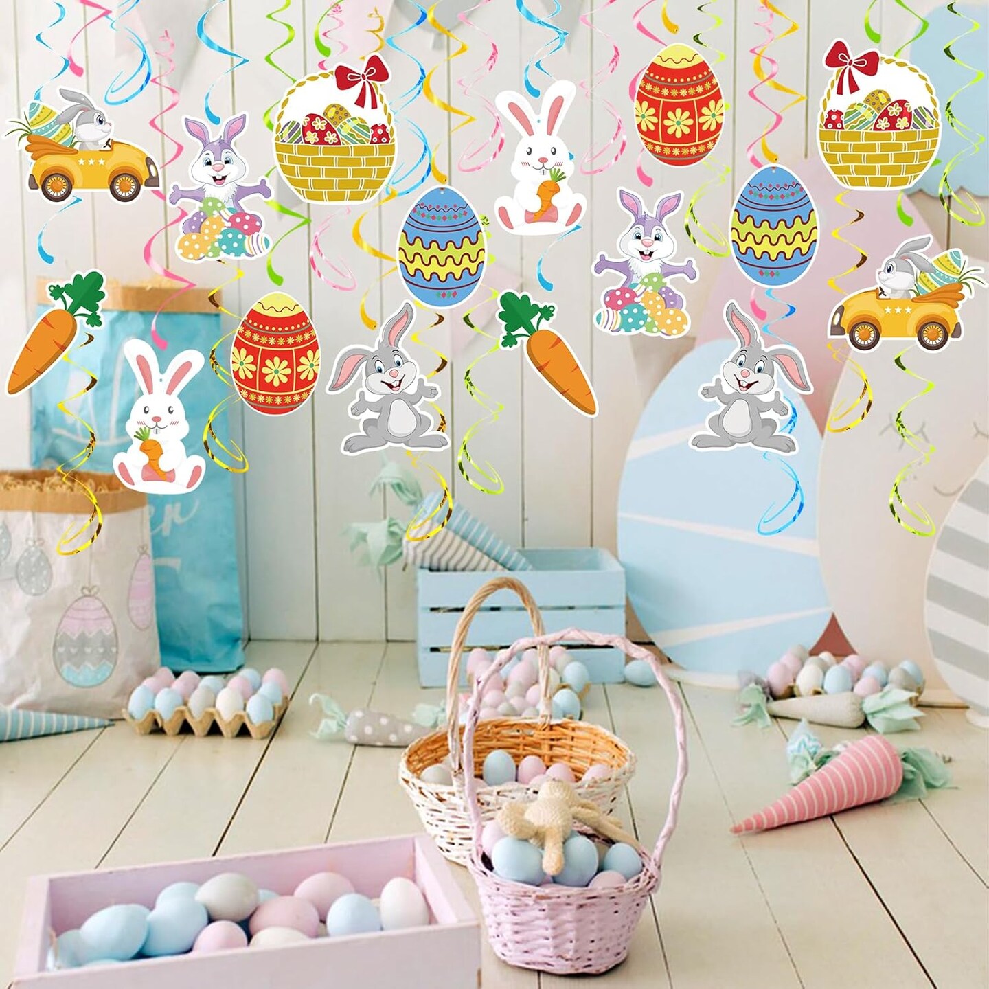 Easter Party Decorations - 30 Pcs Easter Hanging Swirl No DIY Easter Egg Bunny Carrot Baskets Ceiling Decorations for Home Office Classroom Easter Party Supplies