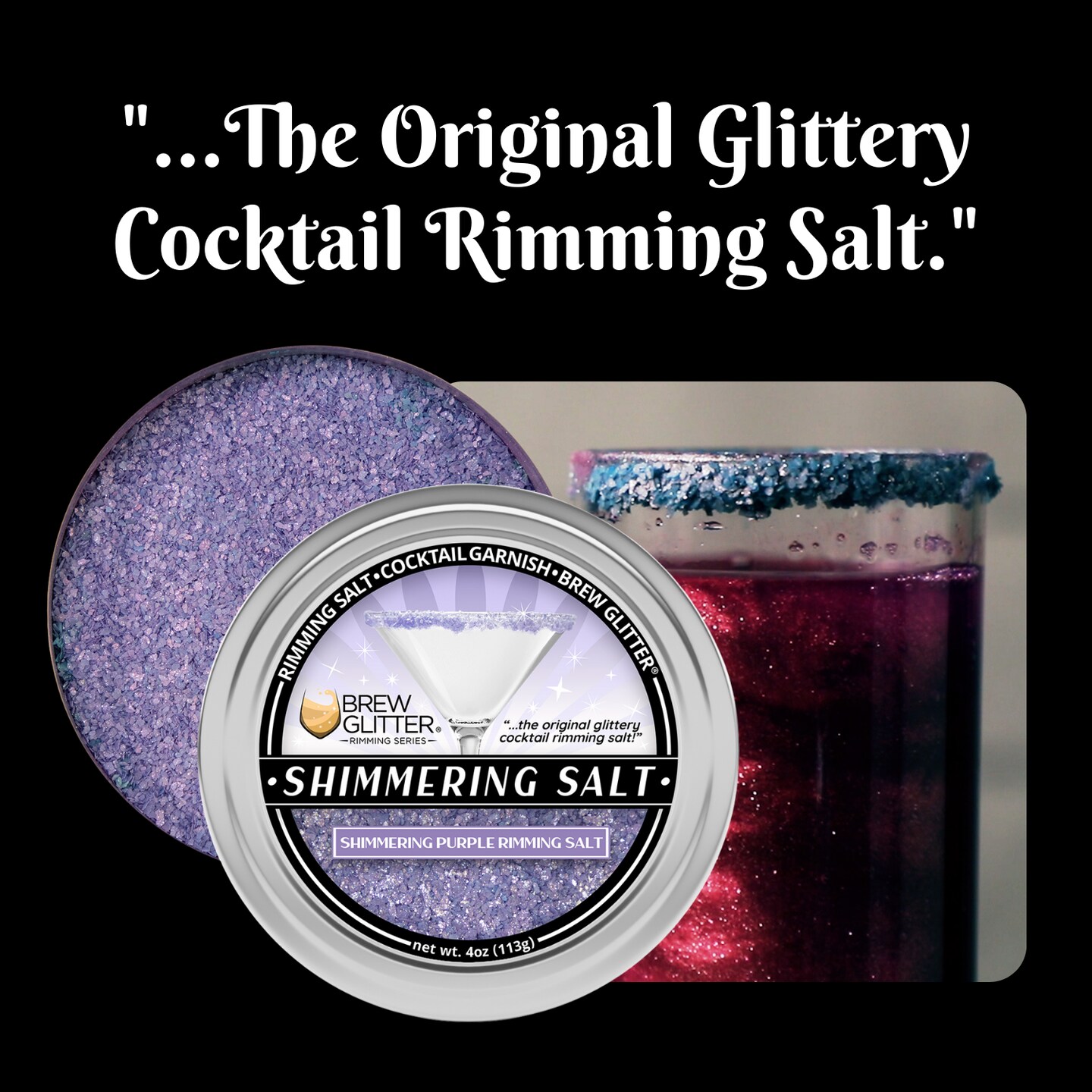 Brew Glitter - Shimmering Purple Rimming Salt (4oz, 1x Bar Tin) Edible Glitter Blended Cocktail Garnish for Mixed Drinks and Beverages
