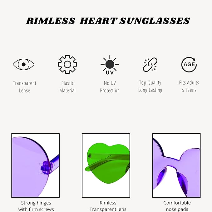 4E's Novelty 2 Pack Heart Shaped Sunglasses for Women - Cute Green & Purple Heart Sunglasses for Parties, Festival & Valentines