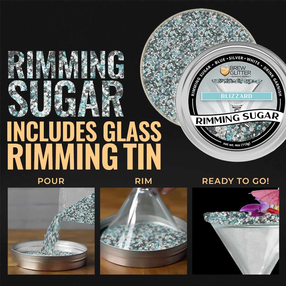 Brew Glitter - Blizzard Rimming Sugar (4oz, 1x Bar Tin) Cocktail Garnish for Mixed Drinks &#x26; Refreshments