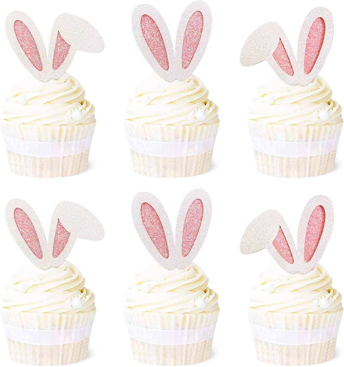 24 Pack Easter Bunny Ear Cupcake Toppers, Glitter Rabbit Ears Cupcake Picks, Easter Day Cake Toppers for Easter Theme Spring Birthday Baby Shower Party Supplies