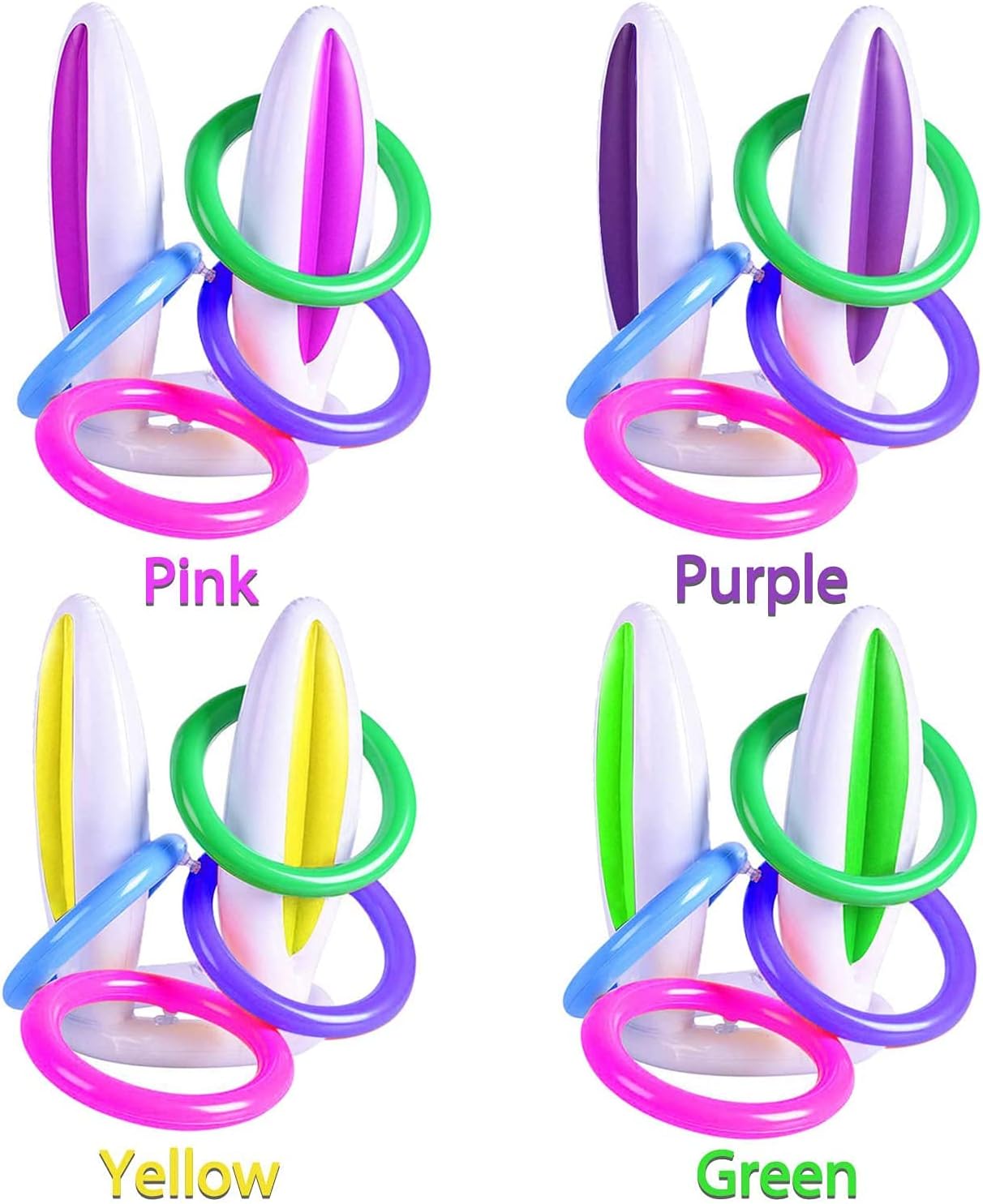 [ 16 Score Rings ] 4 Pack Inflatable Bunny Rabbit Ears Ring Toss Game for Kids Toy Gifts for Carnival Outdoor Game Easter Party Supplies 4 Color Girl Boy Easter Basket Stuffers Hat