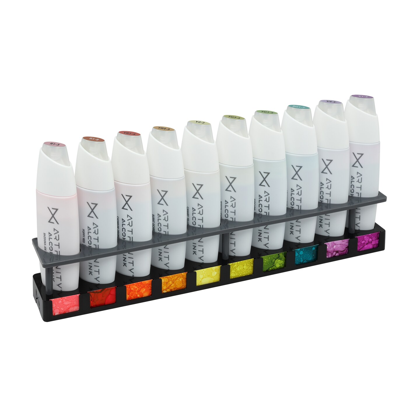 Artfinity Alcohol Ink Set of 10 Colors (25 ml) with Free Acrylic Stand - For Painting or Alcohol Marker Refill Ink, Acid-Free, Fast-Drying, Permanent, Transparent, Includes Template for Swatches