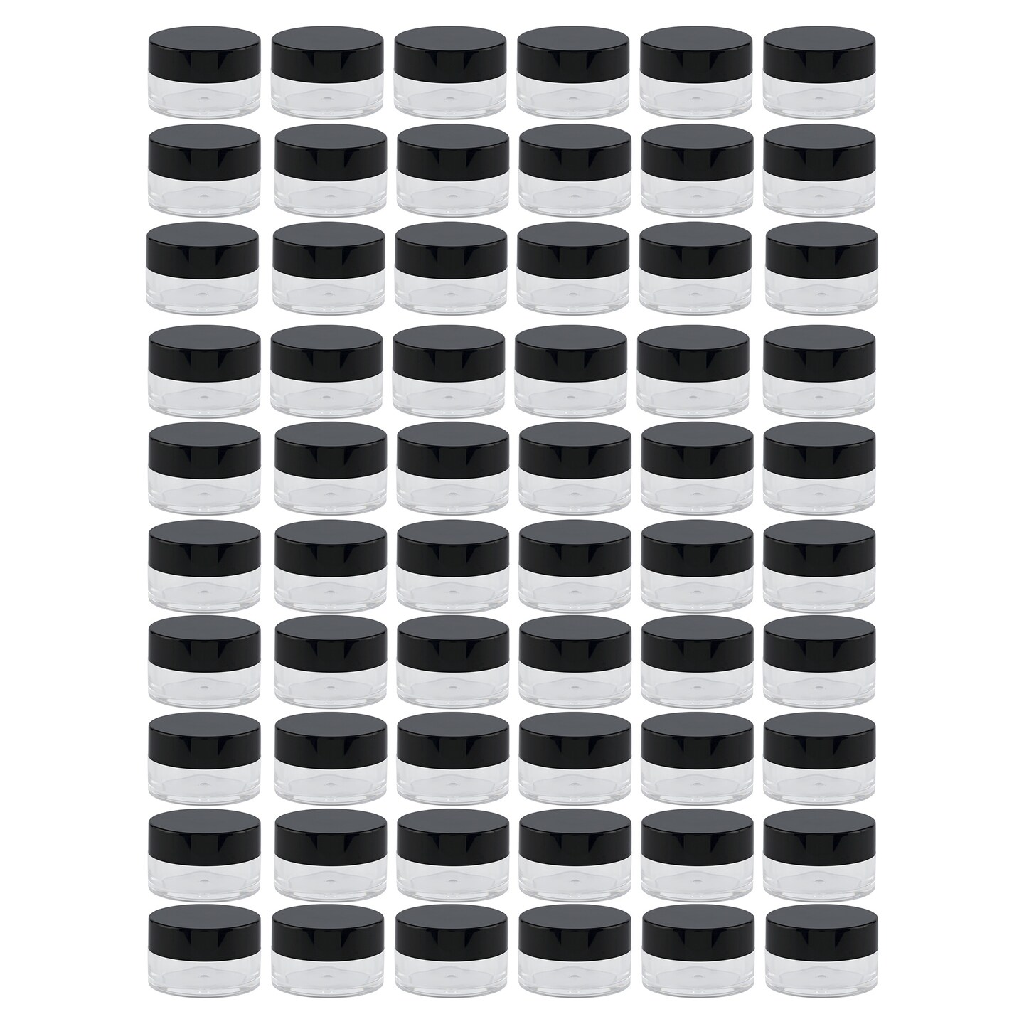 Creative Mark Sample Containers - .24 oz Size, 60-Pack Clear Plastic Sample Jars, Cosmetic Containers with Lids, Wide-Mouth Opening, Easy to Label, Black Lid - Prevent Waste