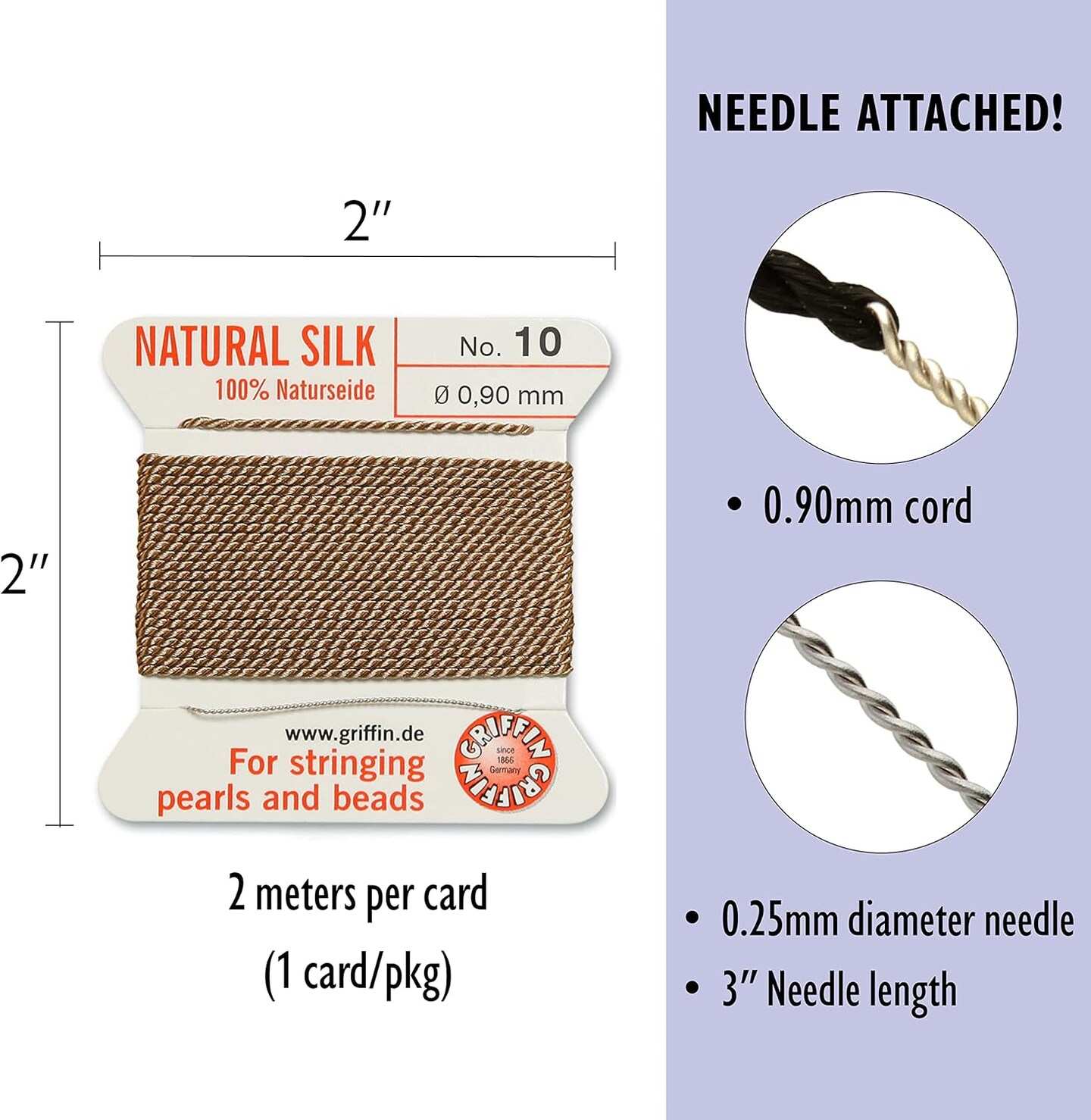 Griffin Silk Bead Cord Perlseide – Size 10 (0.90mm) – 2 Meters per Card – Stainless Steel Needle Attached – for Knotting Pearls, Gemstones, Crystals and Beads