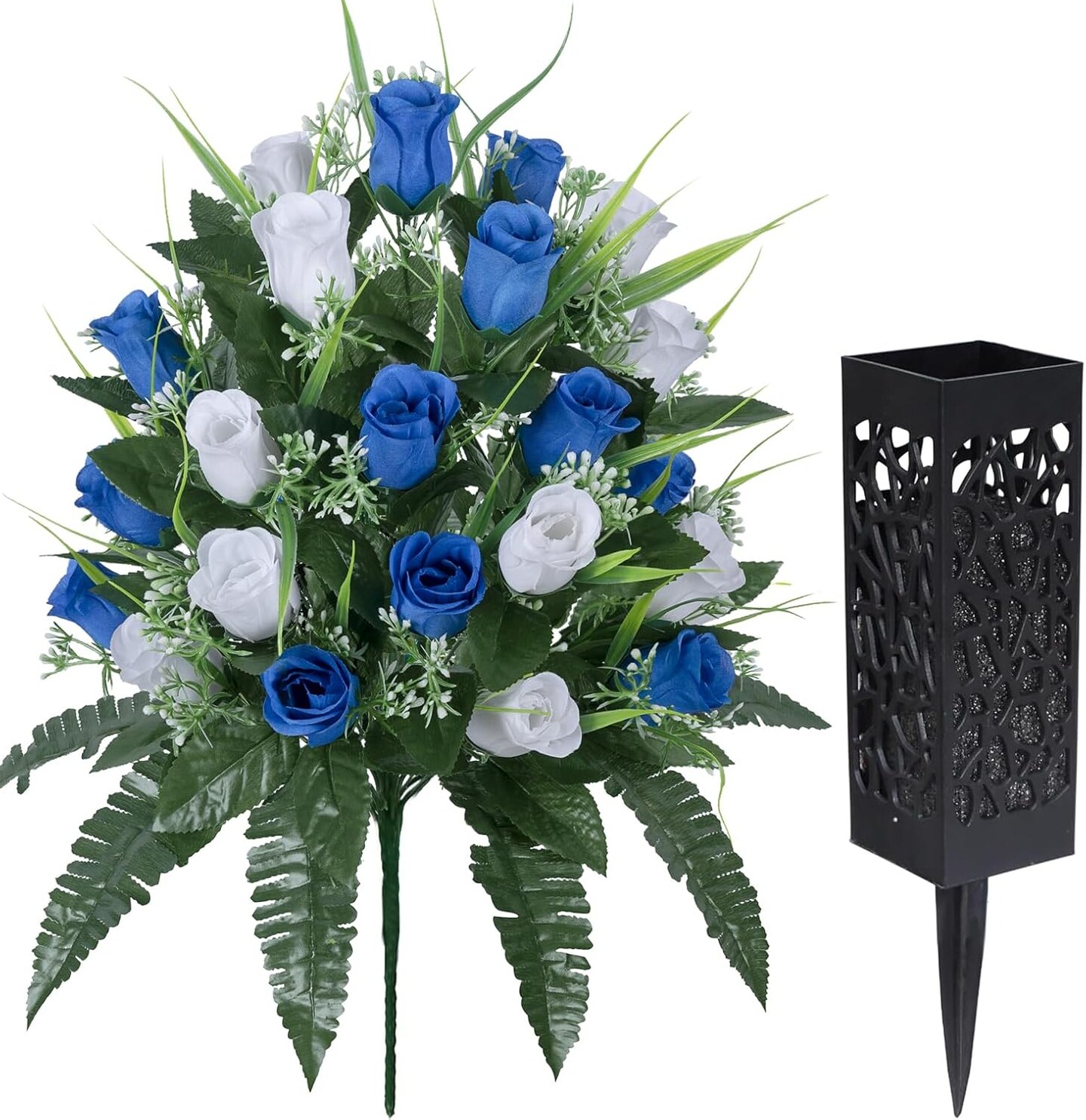Artificial Cemetery & Memorial Flowers with Vase – White & Dark Blue Rose Gravesite Bouquet, Outdoor All-Weather Grave Decoration, Long-Lasting Non-Bleeding Colors (2 Sets)
