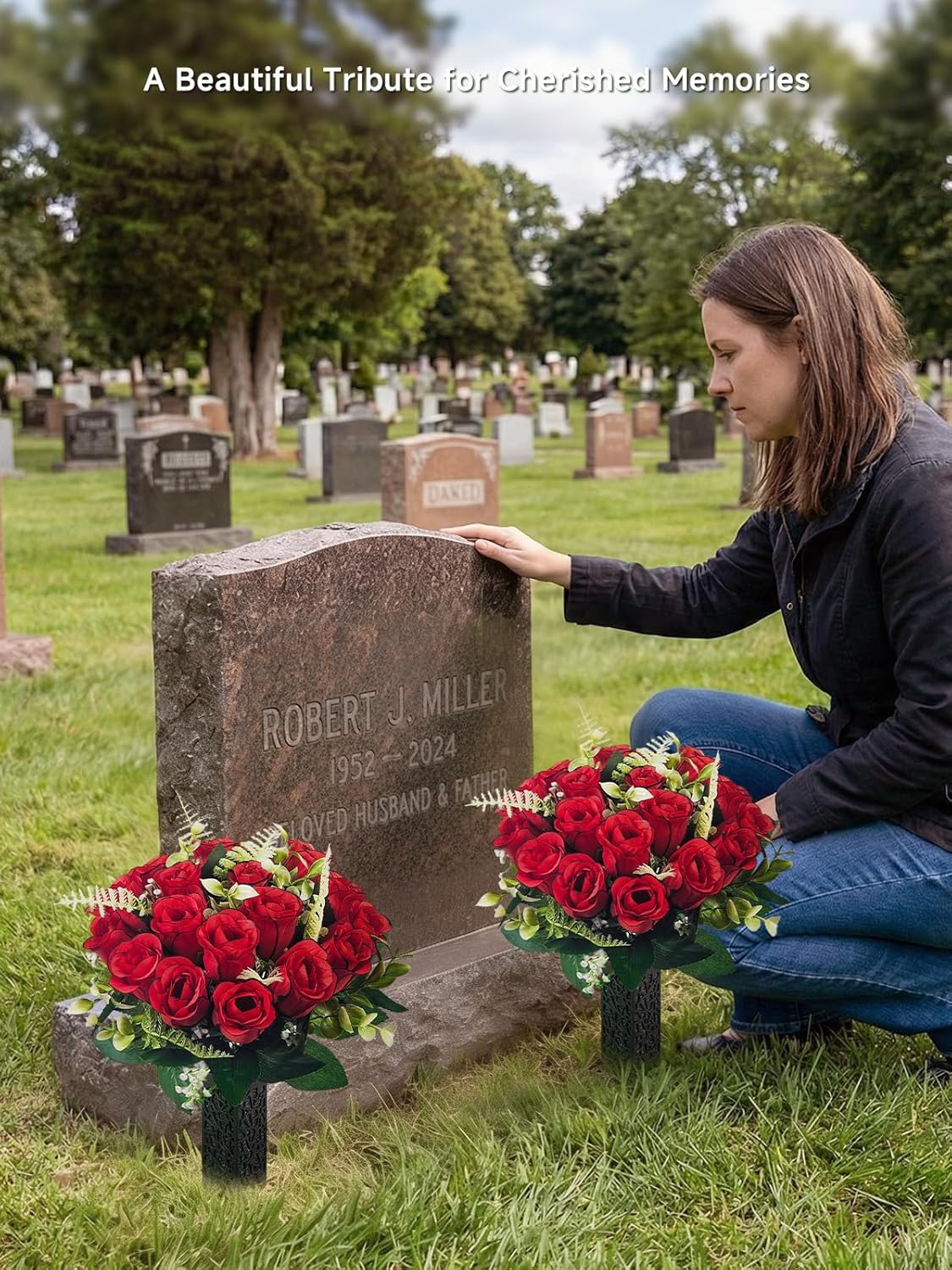 Artificial Cemetery & Memorial Flowers with Spiked Vase – Red Rose Gravesite Bouquet, Wind-Resistant & Non-Bleeding All-Weather Grave Decoration for Headstones (2 Pack)