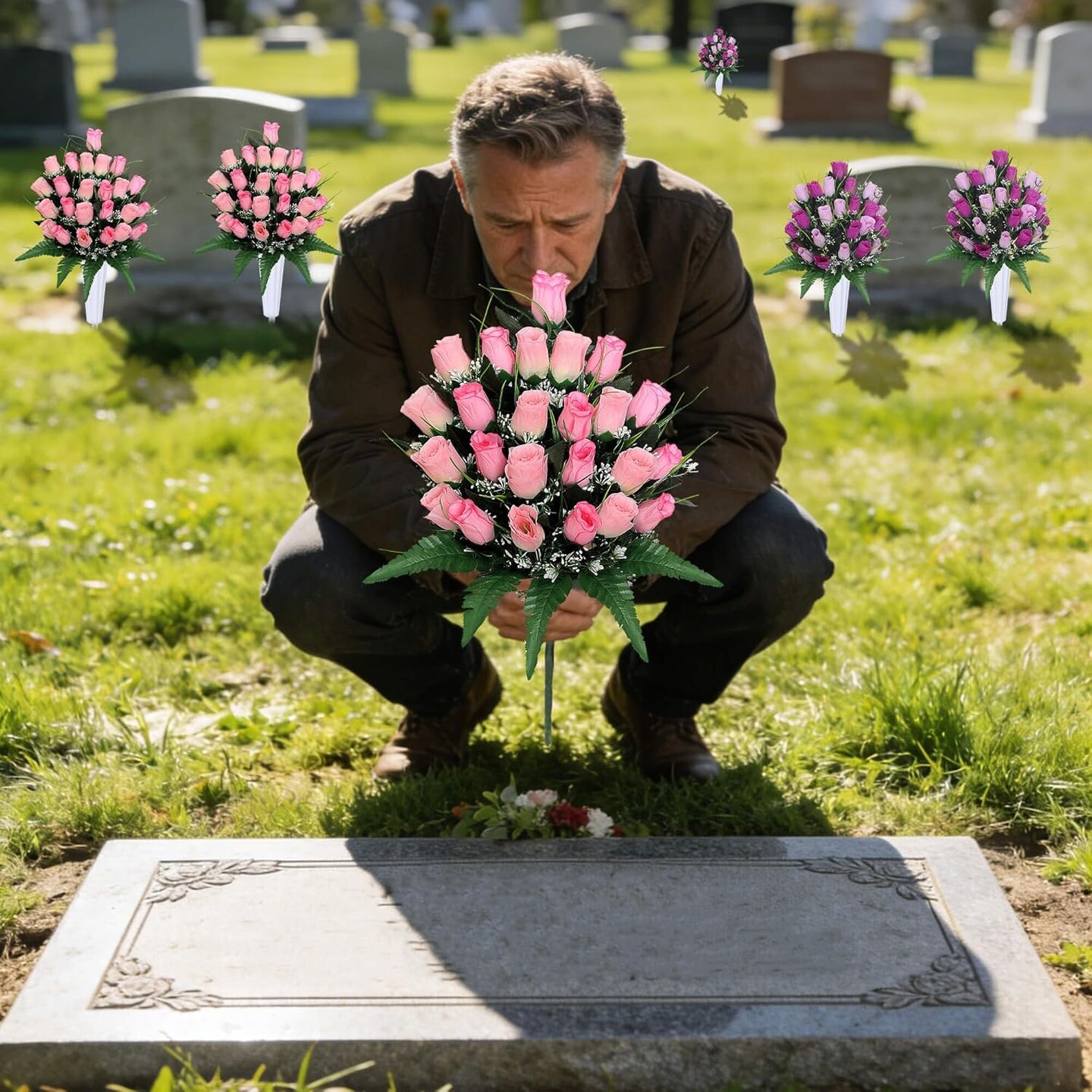 2 Sets Artificial Cemetery Flowers with Vases – Pink Memorial Rose Bouquets for Outdoor Grave Decorations