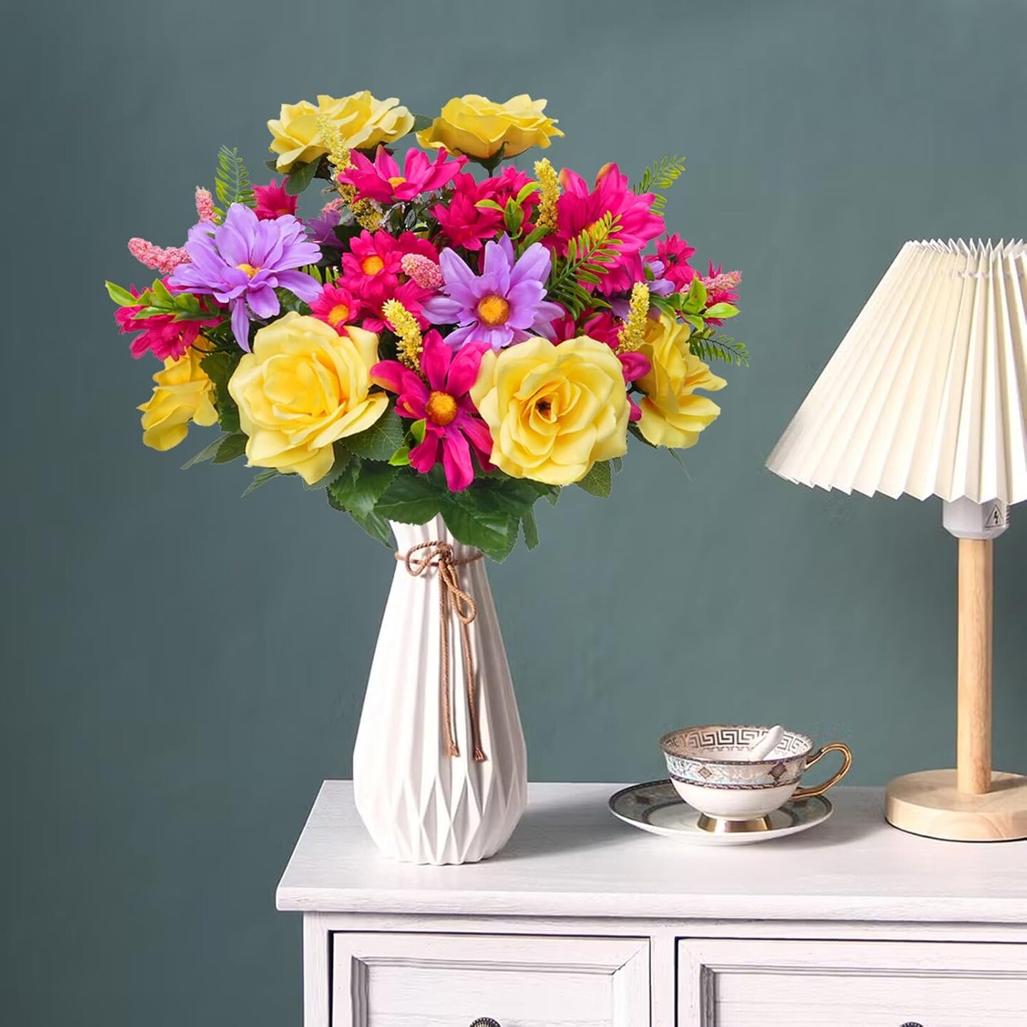 2 Bunches Cemetery Flowers for Grave Vase – 15” Artificial Rose & Daisy Silk Bouquet for Memorial, Summer Decoration, and Table Centerpiece