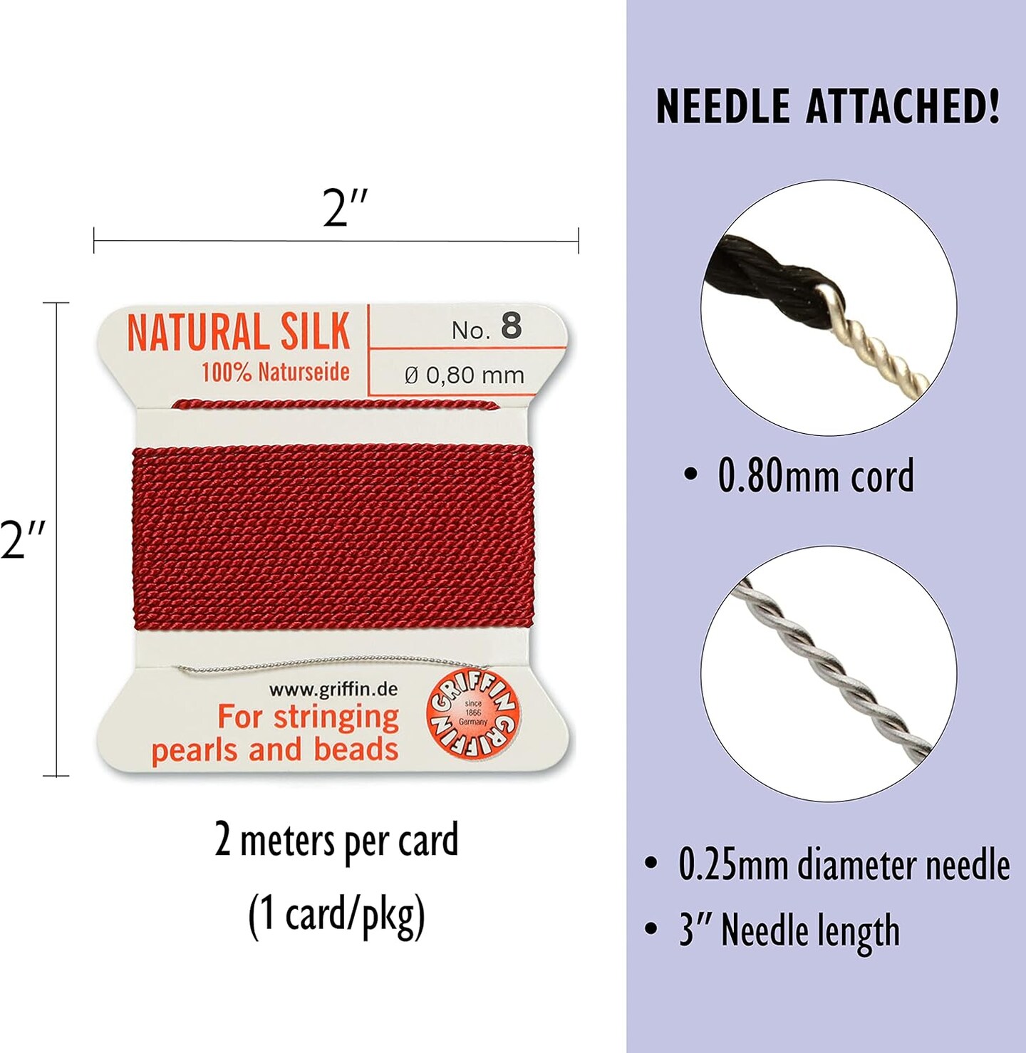 Griffin Silk Bead Cord Perlseide – Size 8 (0.80mm) – 2 Meters per Card – Stainless Steel Needle Attached – for Knotting Pearls, Gemstones, Crystals and Beads