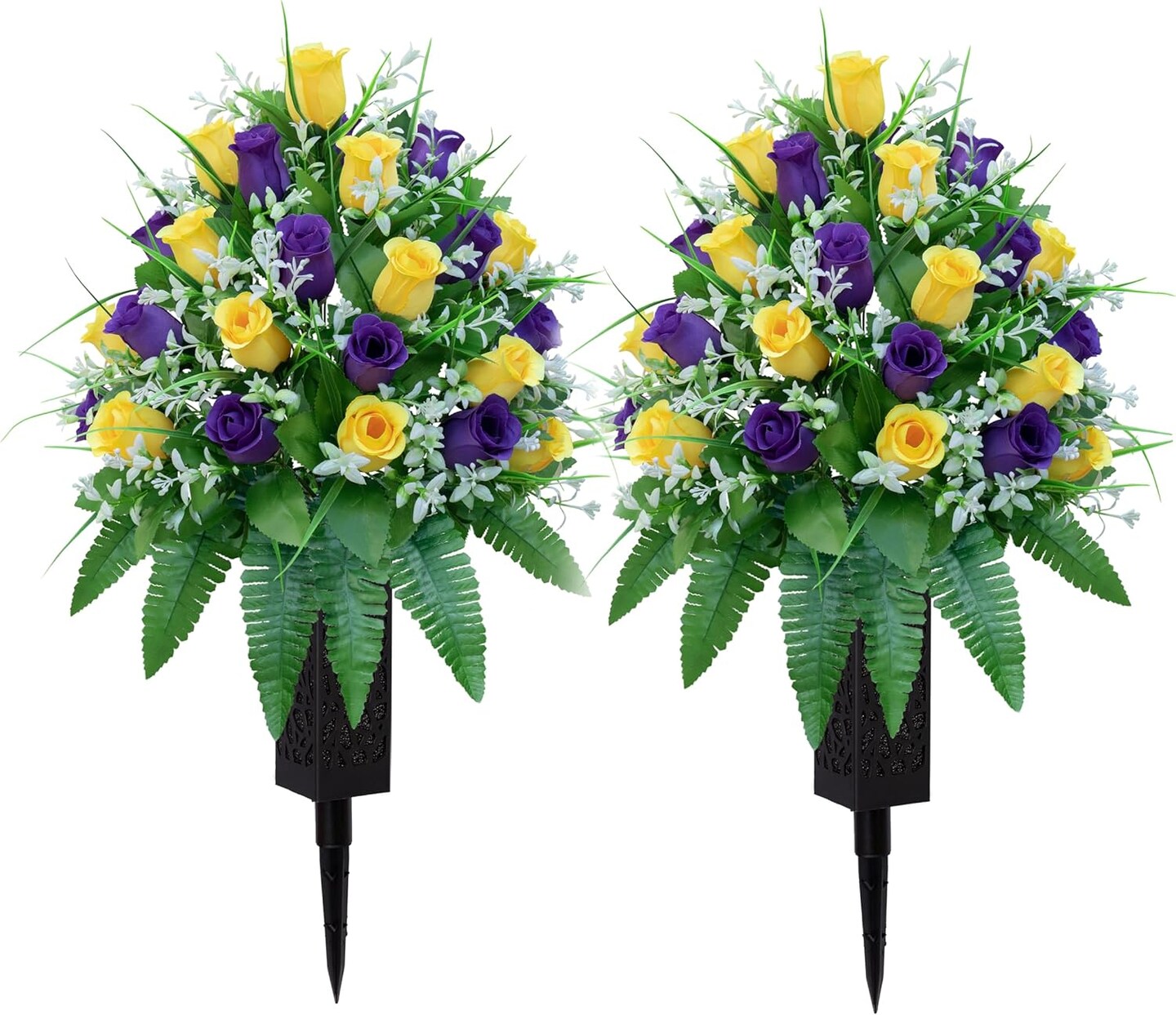 Artificial Cemetery & Memorial Flowers with Vase – Silk Rose Gravesite Bouquet, Long-Lasting Memorial Decoration for Headstones, Weather-Resistant Cemetery Vase Arrangement (Yellow & Purple, 2 Bundles)