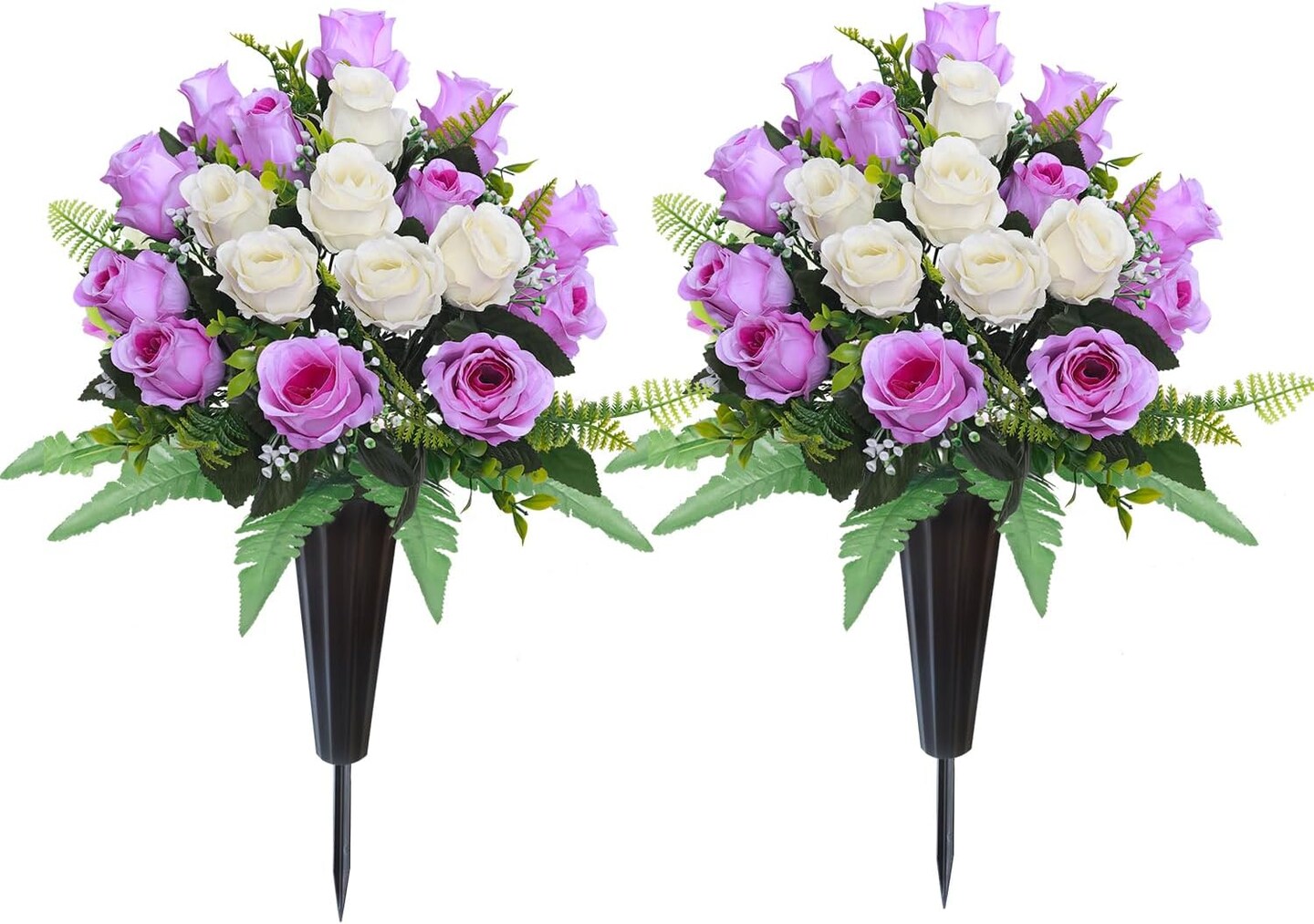 2 Sets Artificial Cemetery Flowers for Grave – Realistic Silk Rose Bouquets with Vase for Headstone and Tombstone Decorations (Purple & White)