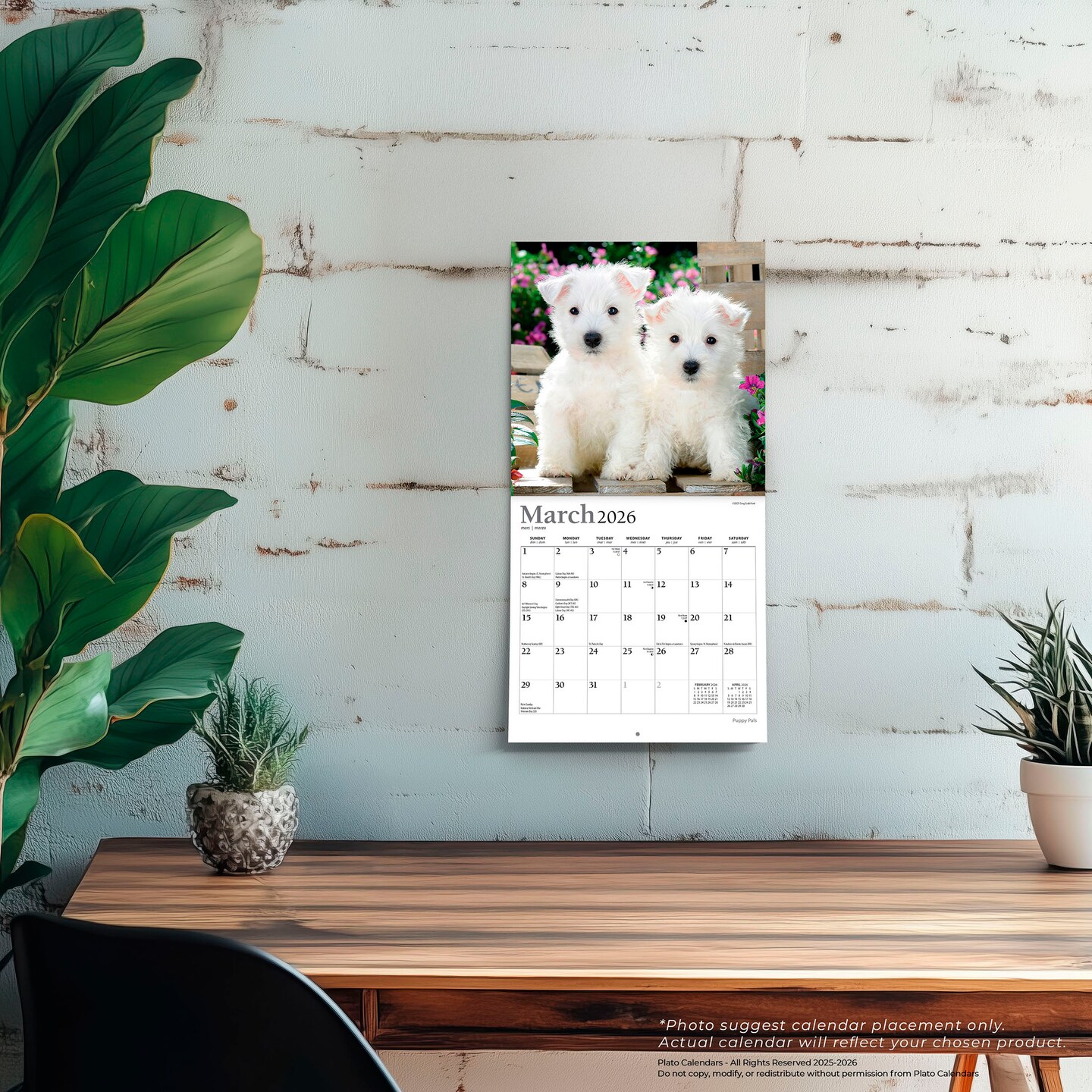 Puppy Pals | 2026 7 x 14 Inch (Hanging) Monthly Mini Wall Calendar | Foil Stamped Cover
