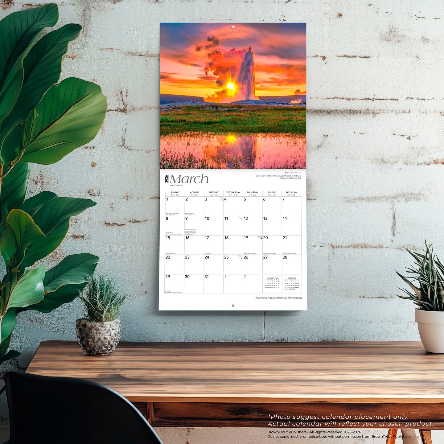 Wyoming National Parks &#x26; Monuments | 2026 12 x 24 Inch (Hanging) Monthly Square Wall Calendar | Plastic-Free