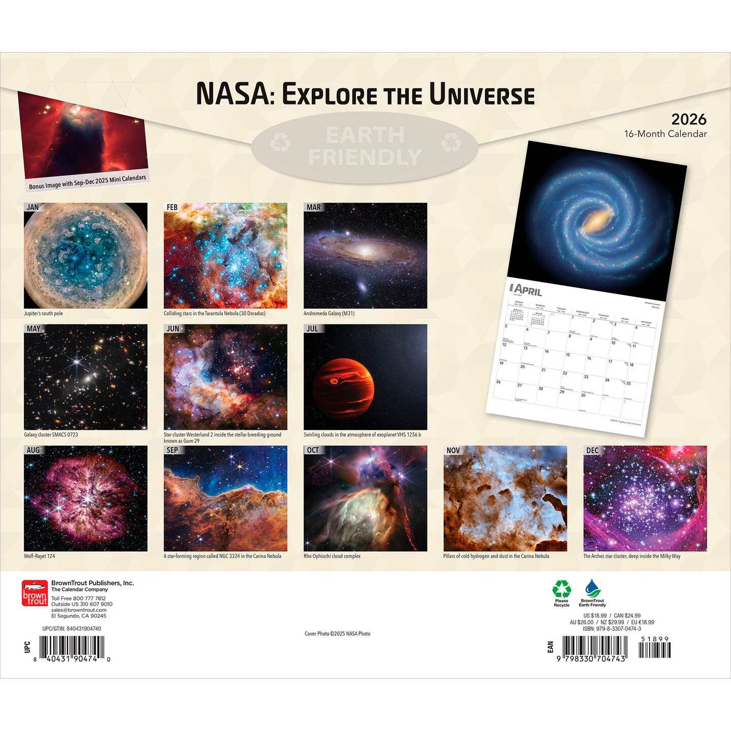 NASA Explore the Universe | 2026 14 x 24 Inch (Hanging) Monthly Deluxe Wall Calendar | Foil Stamped Cover | Plastic-Free