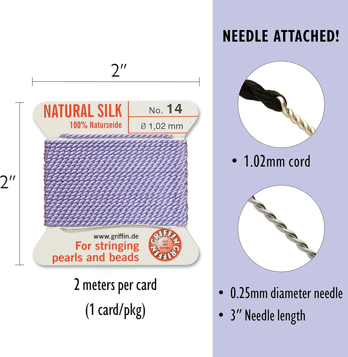 Griffin Silk Bead Cord Perlseide – Size 14 (1.02mm) – 2 Meters per Card – Stainless Steel Needle Attached – for Knotting Pearls, Gemstones, Crystals and Beads