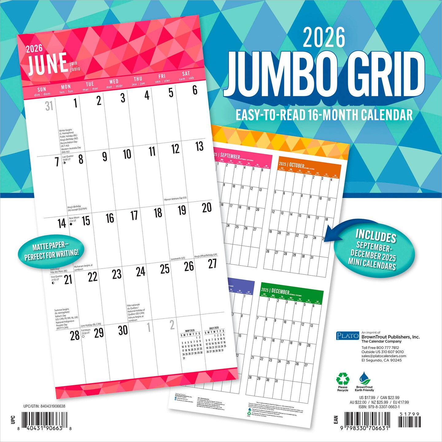 Jumbo Grid Large Print | 2026 12 x 24 Inch (Hanging) Monthly Square Wall Calendar | Matte Paper and Foil Stamped Cover