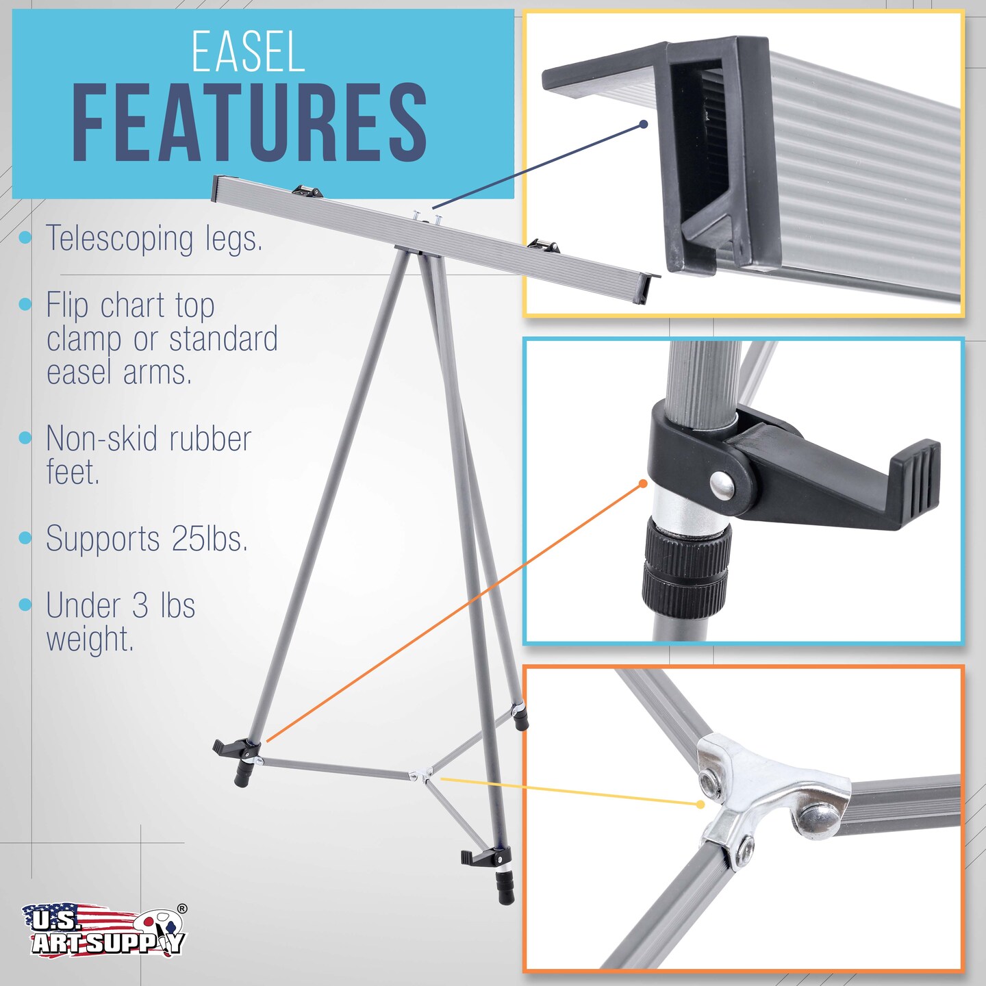 66" High Classroom Silver Aluminum Flip Chart Easel & Presentation Stand (4 Pack) - Adjustable Floor/Tabletop, Portable Tripod, Holds 25 lbs., for Chart Paper, Poster Boards, & Pads