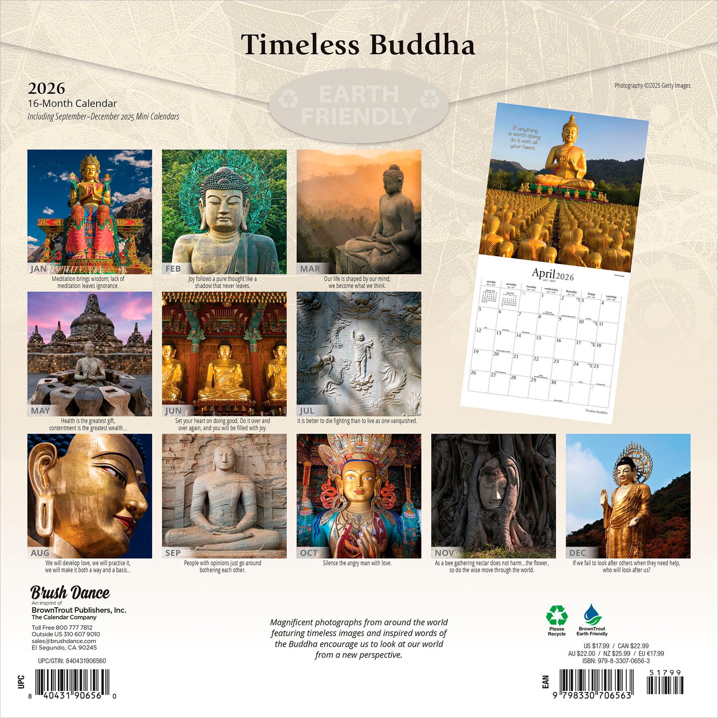 Timeless Buddha | 2026 12 x 24 Inch (Hanging) Monthly Square Wall Calendar | Plastic-Free
