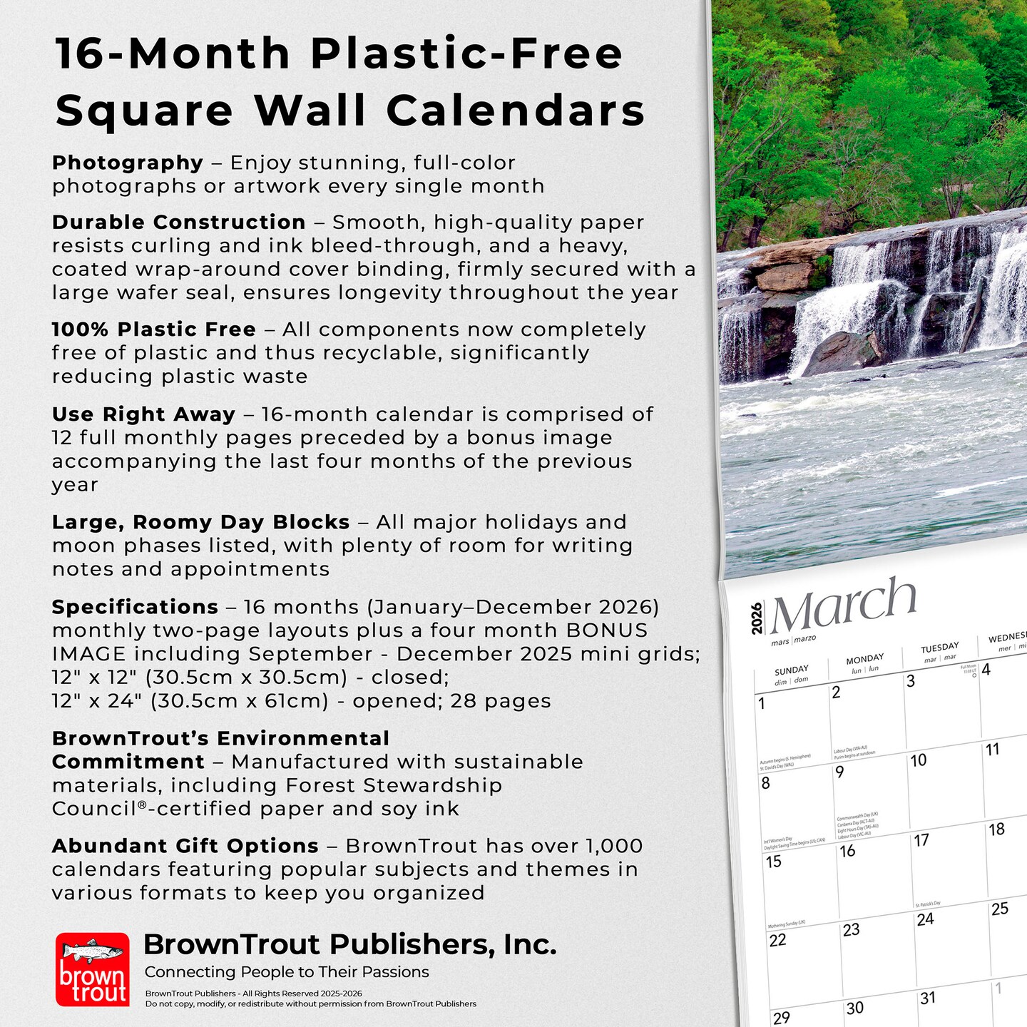 West Virginia Wild &#x26; Scenic | 2026 12 x 24 Inch (Hanging) Monthly Square Wall Calendar | Plastic-Free