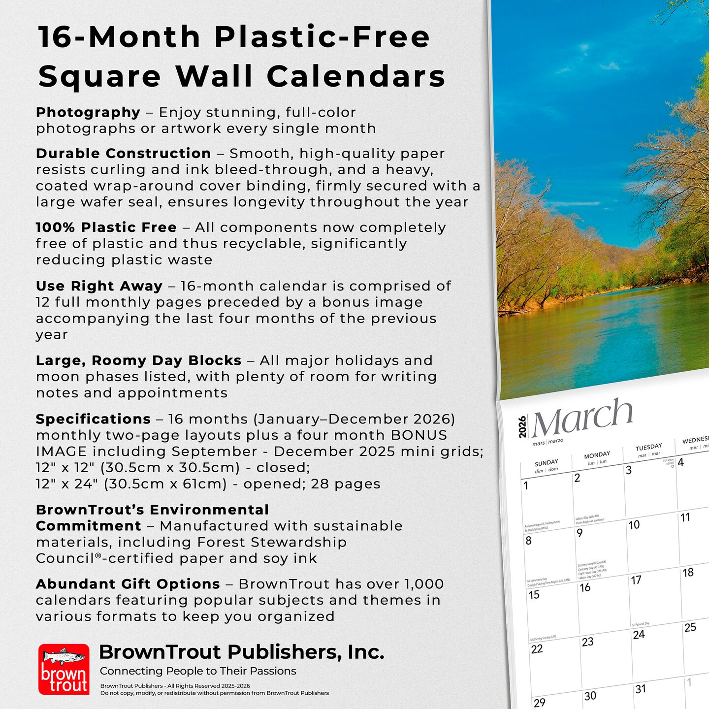 Kentucky Wild &#x26; Scenic | 2026 12 x 24 Inch (Hanging) Monthly Square Wall Calendar | Plastic-Free