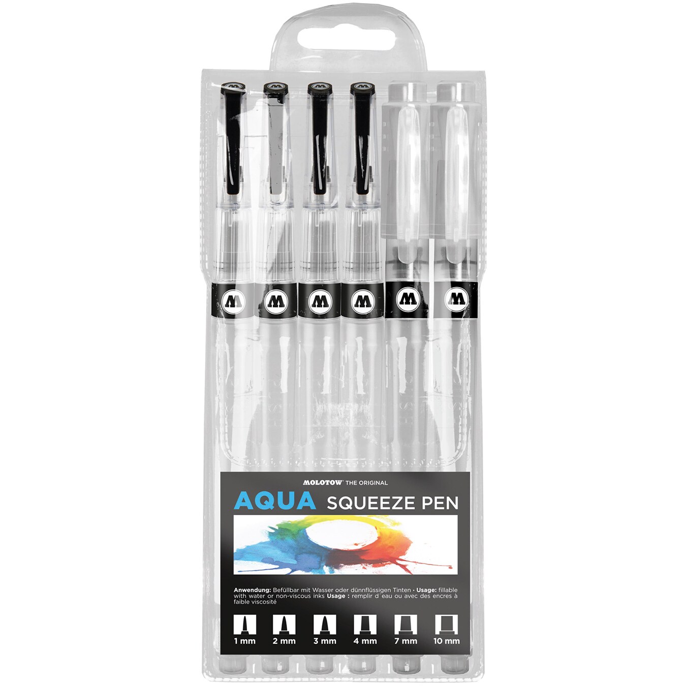 Molotow Aqua Ink Squeeze Pen 6-Pen Set, 1mm, 2mm, 3mm, 4mm, 7mm, 10mm Tips, 1 Set
