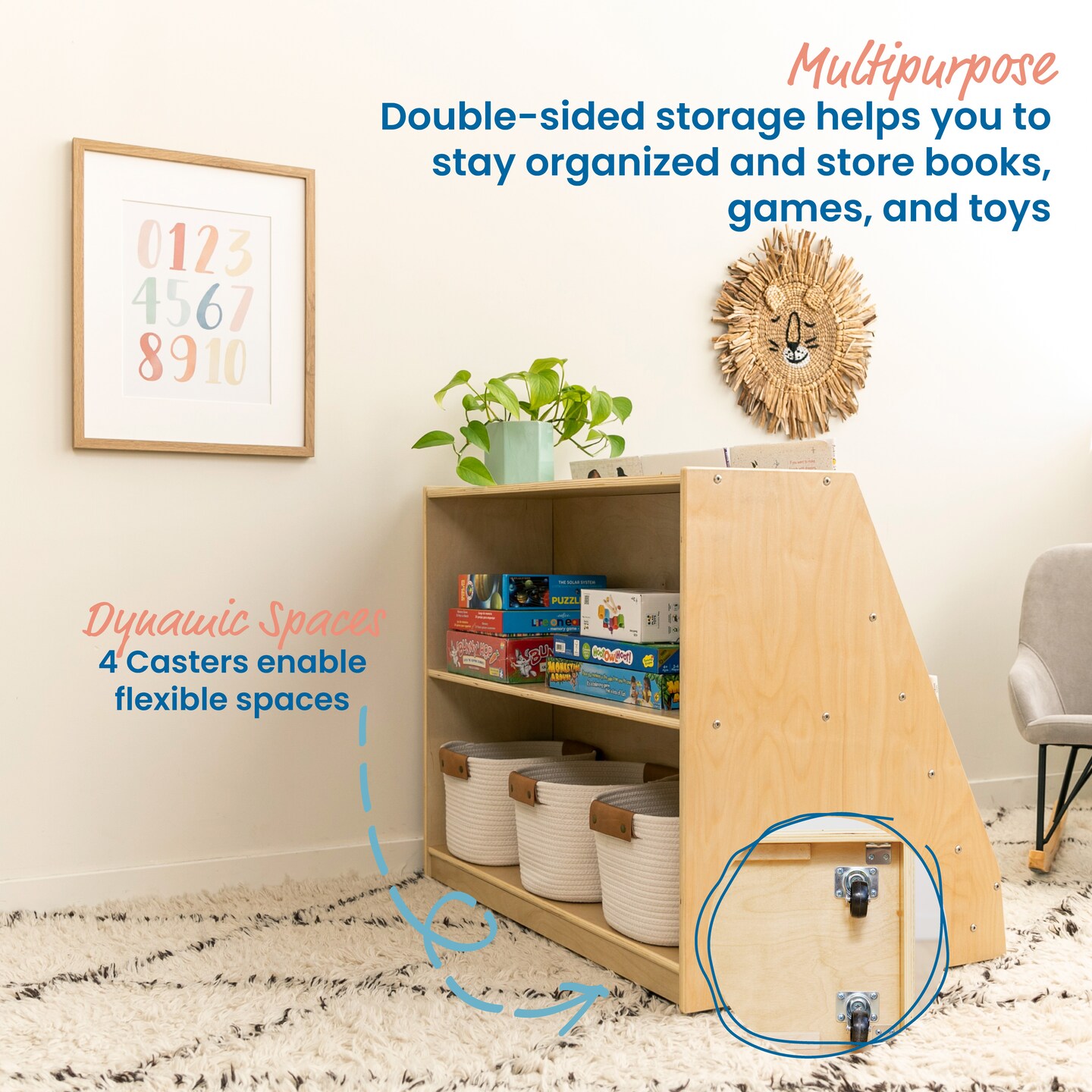 Double-Sided Mobile Book Display with Storage, Classroom Bookshelf