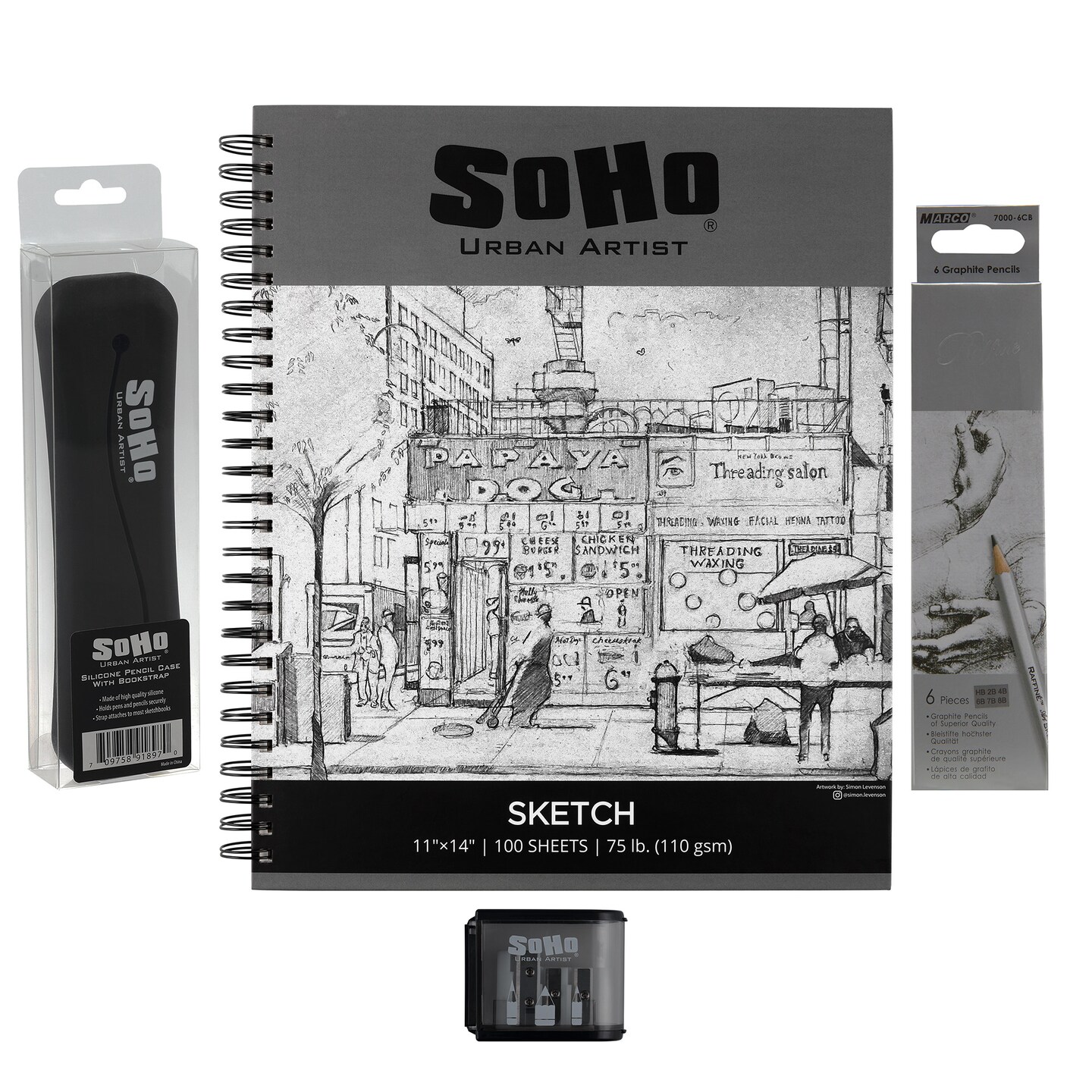 Jerry&#x27;s Artarama Back to School Graphite Artist Sketch Bundle - Silicone Notebook Pencil Pouch, Raffine 6-Piece Graphite Pencil Set, 11x14&#x22; Spiral Bound 75 lb. Sketch Pad &#x26; 3-Hole Pencil Sharpener