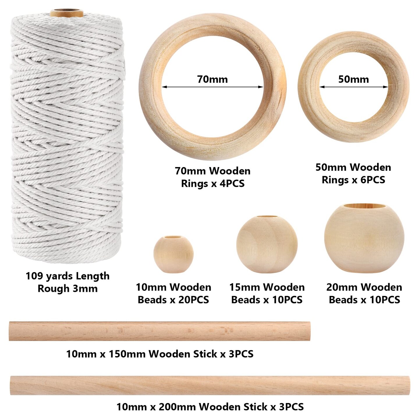 121 Pieces Macrame Kit, Macrame Supplies 3mm x 109Yards Macrame Cord for Macrame Kits for Adults Beginners, with Accessories Like 100Pcs Beads and 10Pcs Wooden Rings for Macrame Plant Hanger Kit